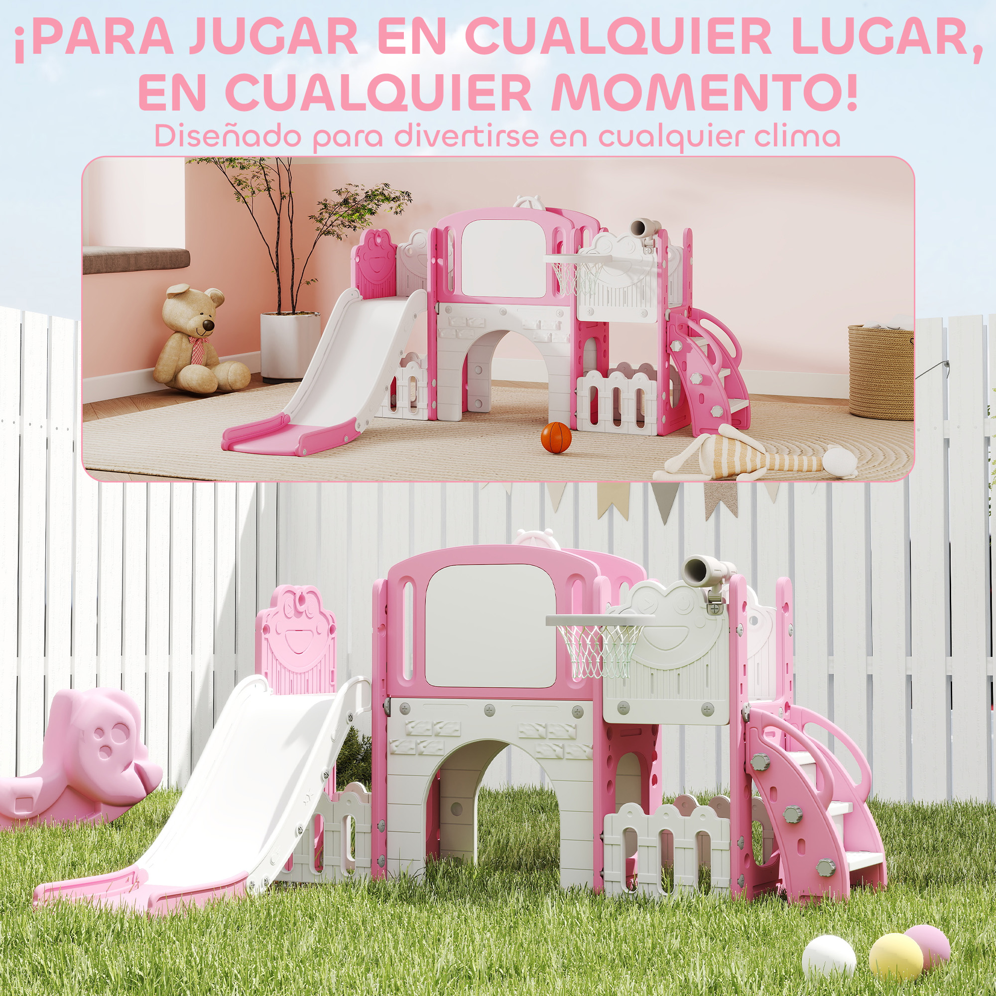 Una estructura de juego rosa y blanca con toboganes y canasta de baloncesto al aire libre.