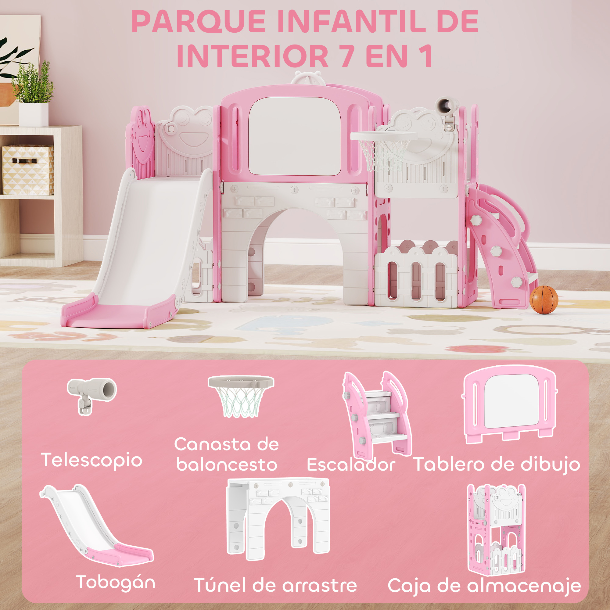 Un parque infantil interior rosa y blanco con tobogán, canasta y telescopio.