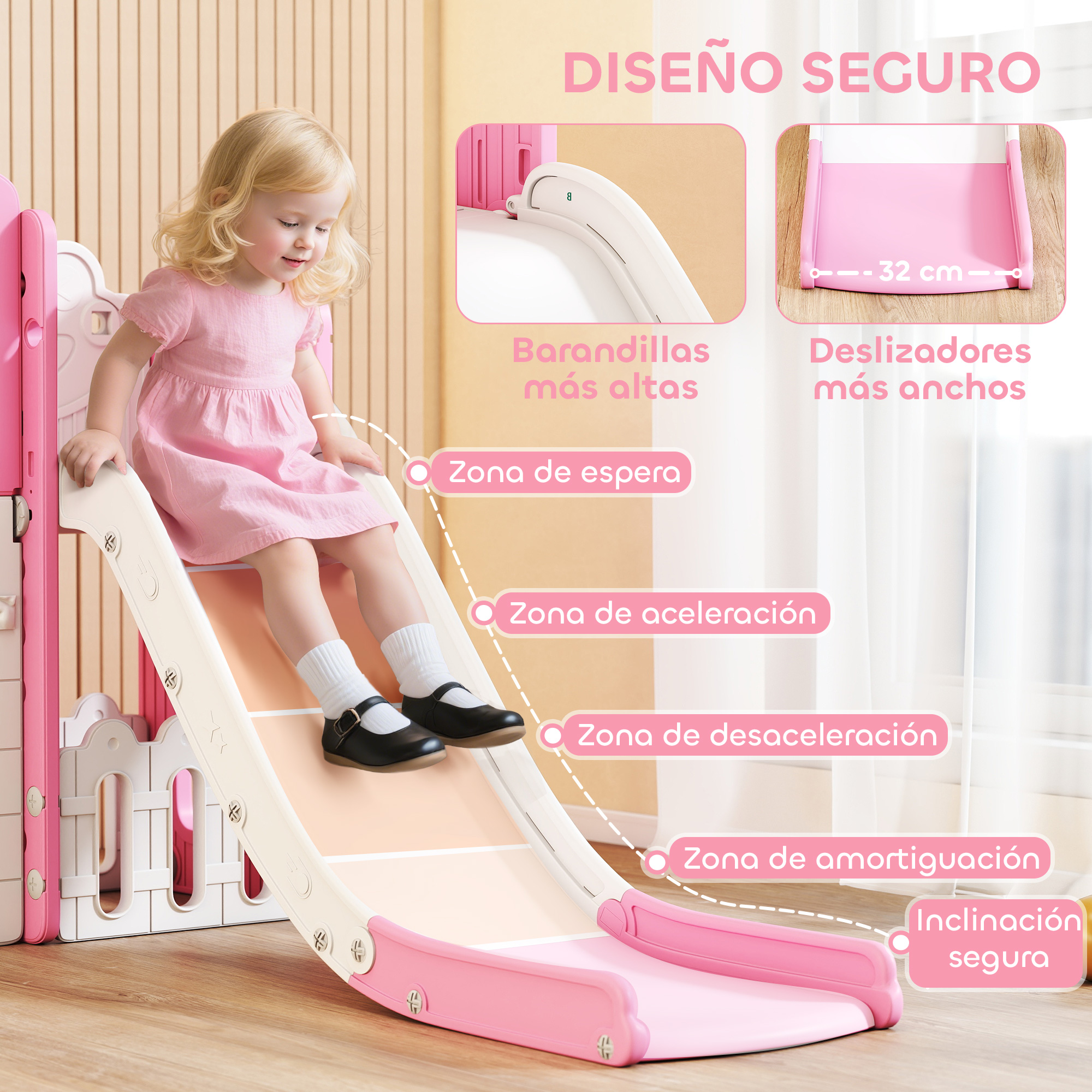 Una niña pequeña se desliza por un tobogán rosa y blanco con cuadros de texto.