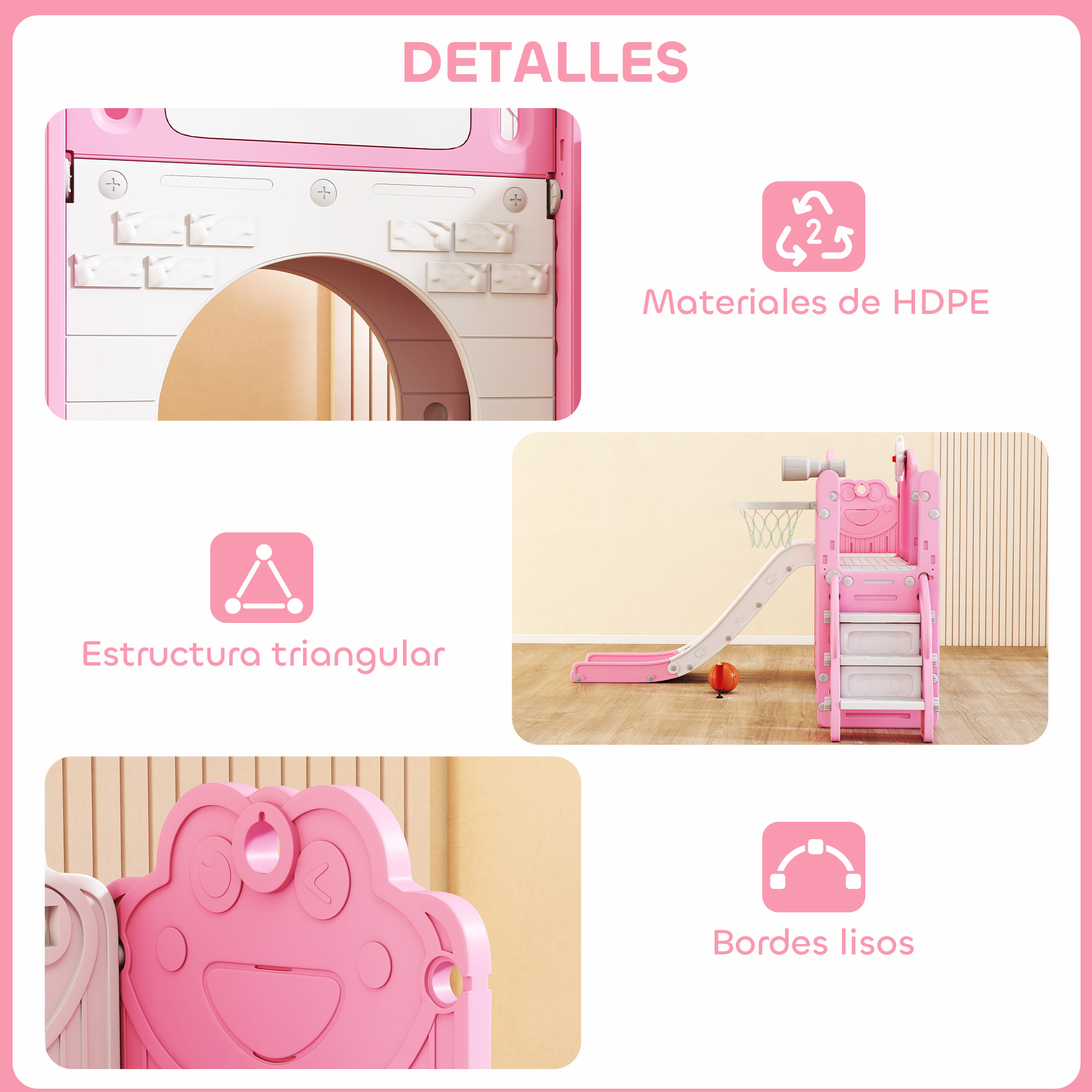 Tobogán infantil rosa con canasta de baloncesto y balón.