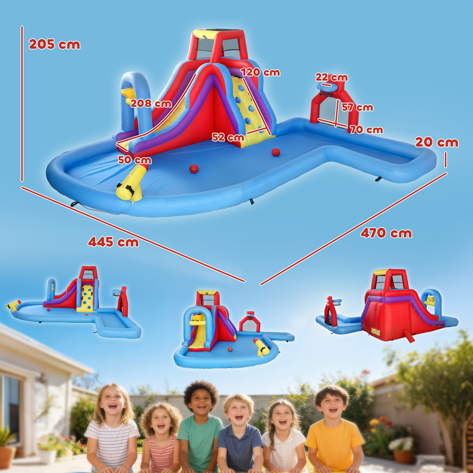 Tobogán acuático inflable con piscina, pared de escalada y canasta.