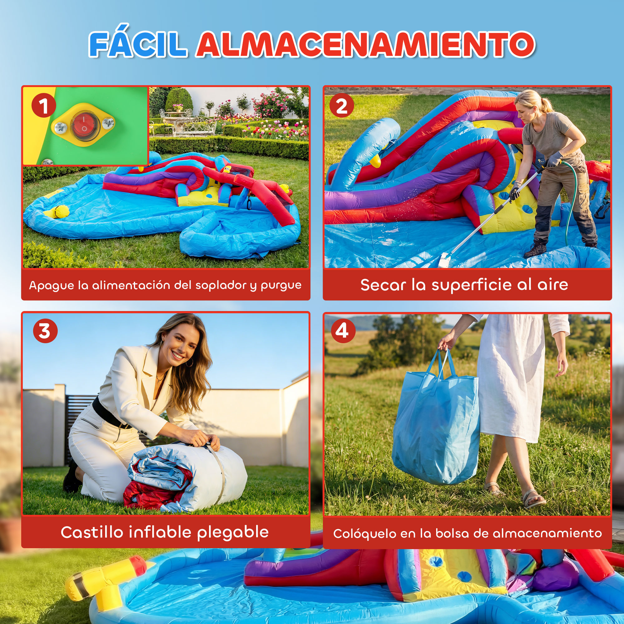 El collage muestra 4 pasos de montaje/almacenamiento de piscina inflable: apagar, secar, plegar, embolsar.