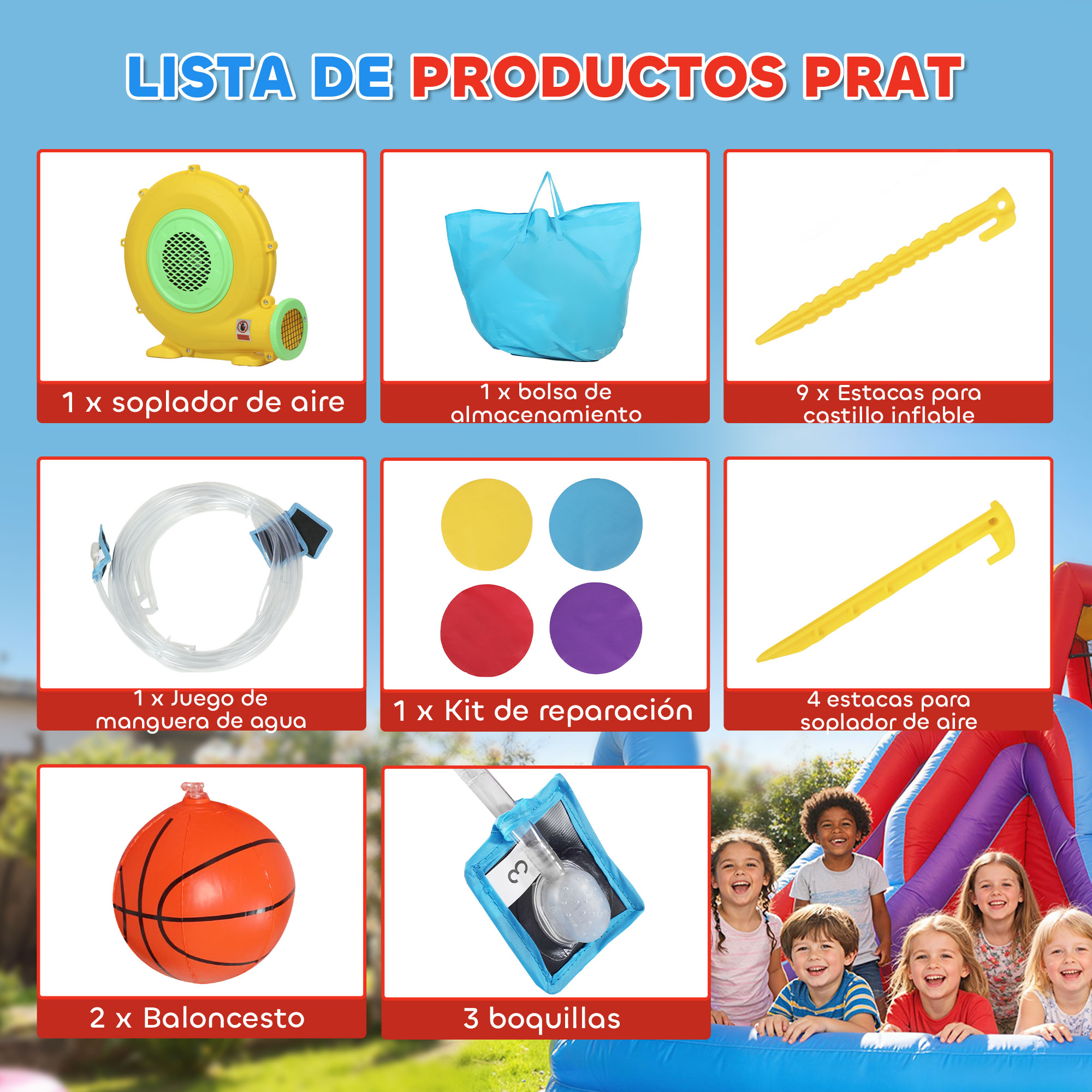 Soplador amarillo, bolsa azul, estacas amarillas, manguera, kit, balón, boquillas.