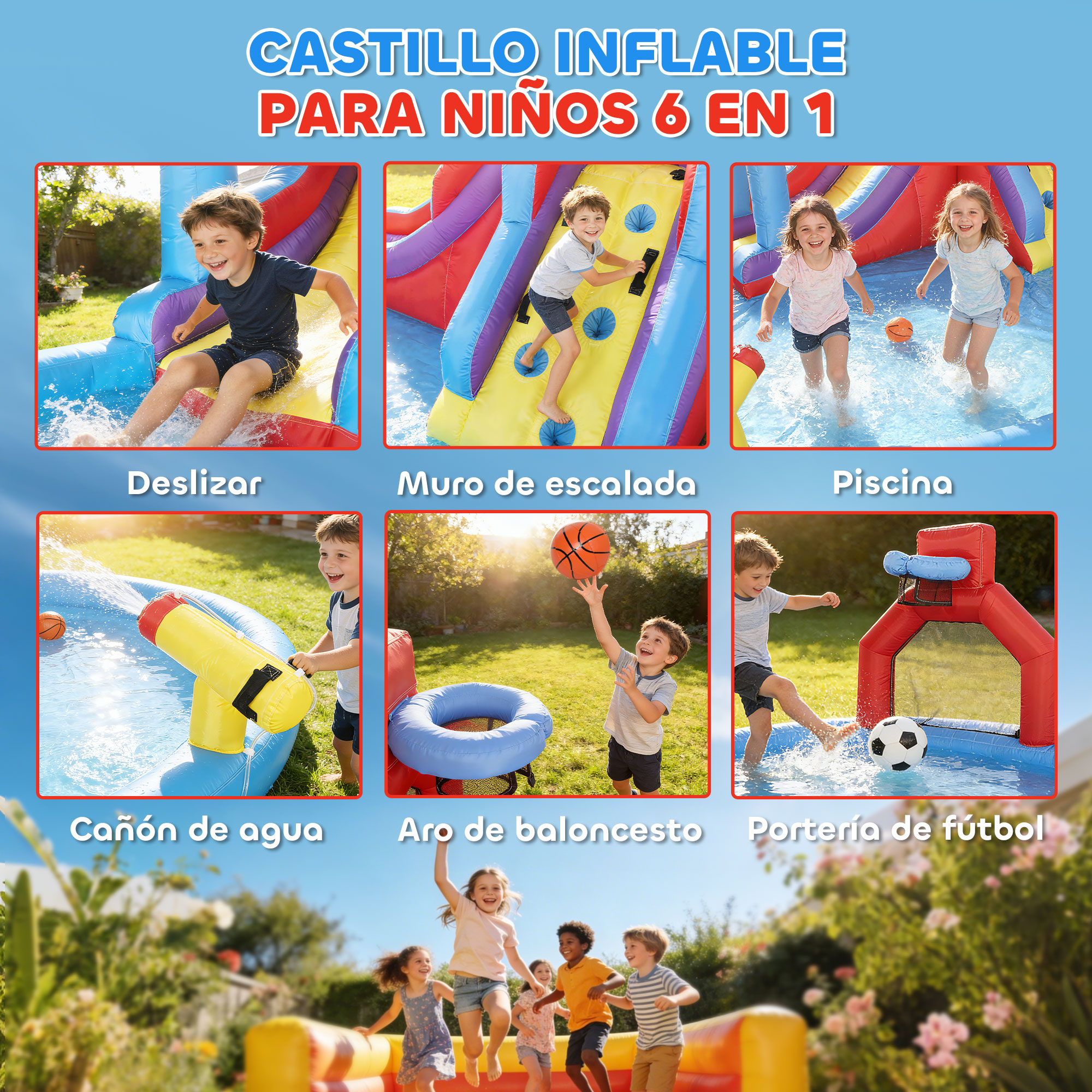 Niños chapotean en área de juegos inflable con tobogán y portería.