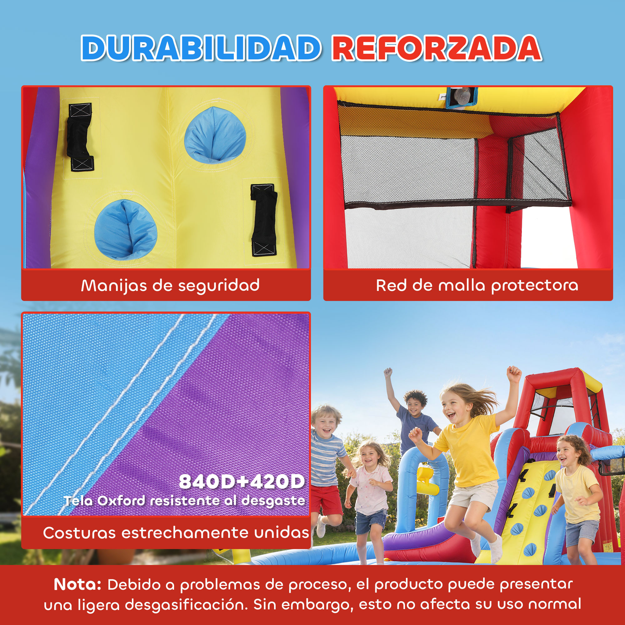Castillo inflable con niños, asas de seguridad, red y detalles de tela.