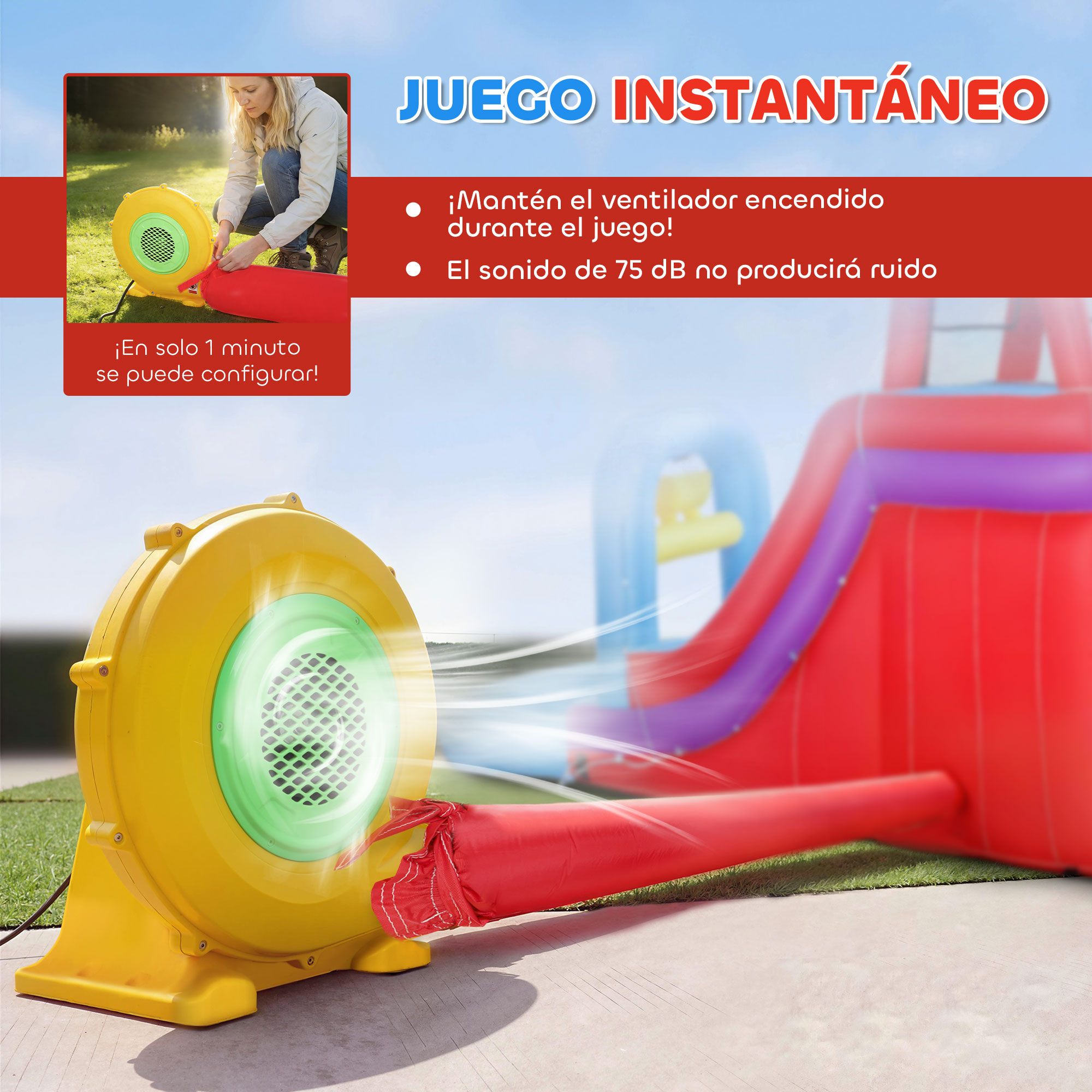 Soplador amarillo con manguera roja frente a tobogán inflable. Mujer ajusta manguera.