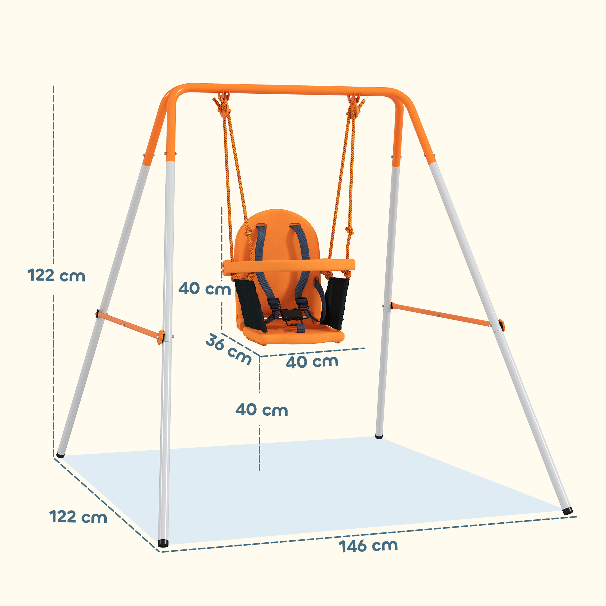 Un asiento de columpio infantil naranja con arneses en un marco de metal blanco y naranja.