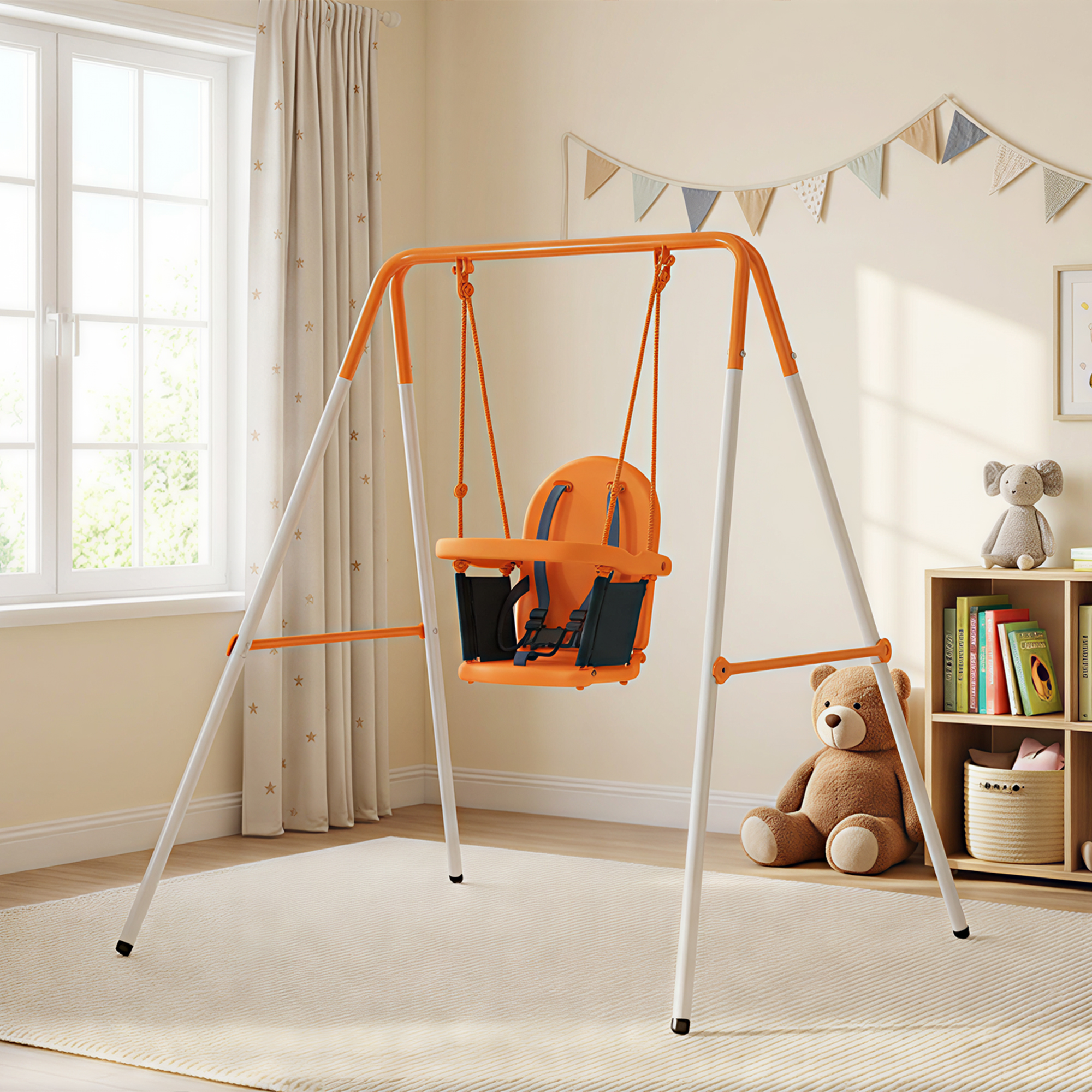 Un asiento de columpio infantil naranja con arneses de seguridad sobre un marco blanco.