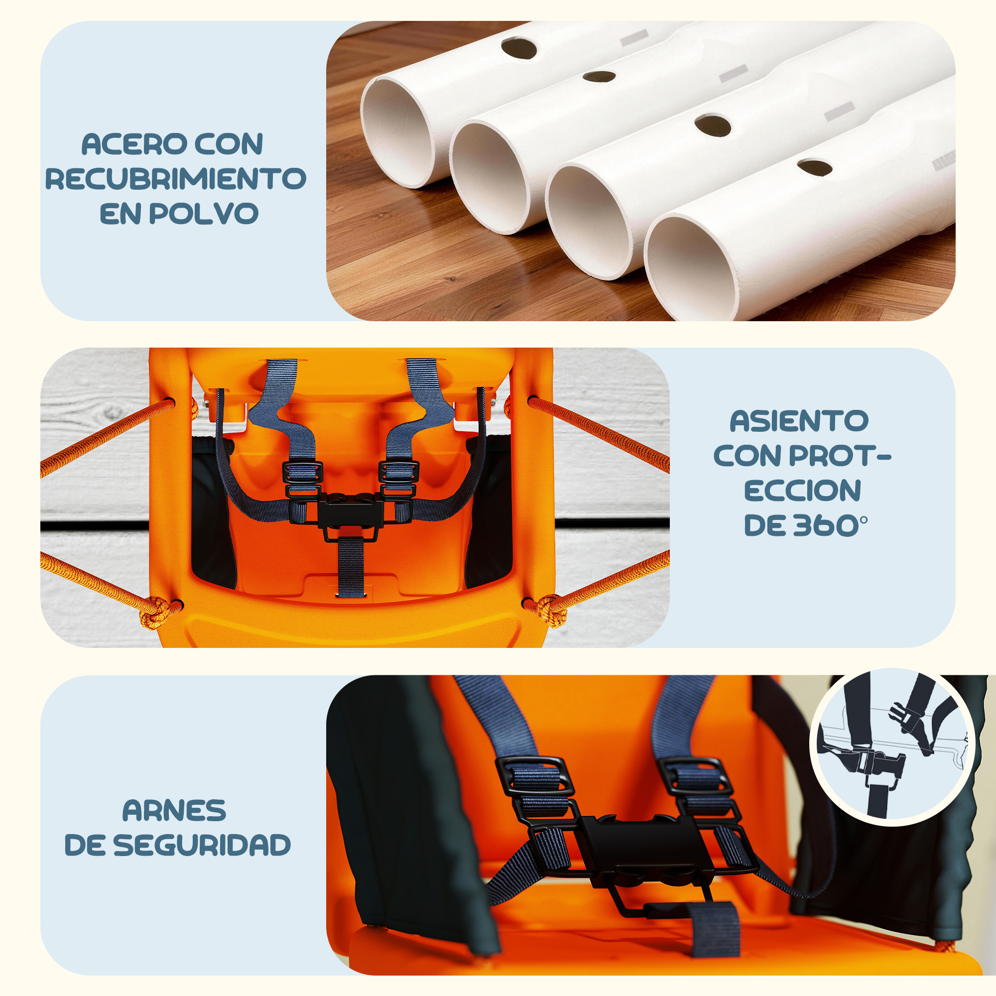 Asiento naranja para bebé con arnés, tubos blancos y superficie de madera.