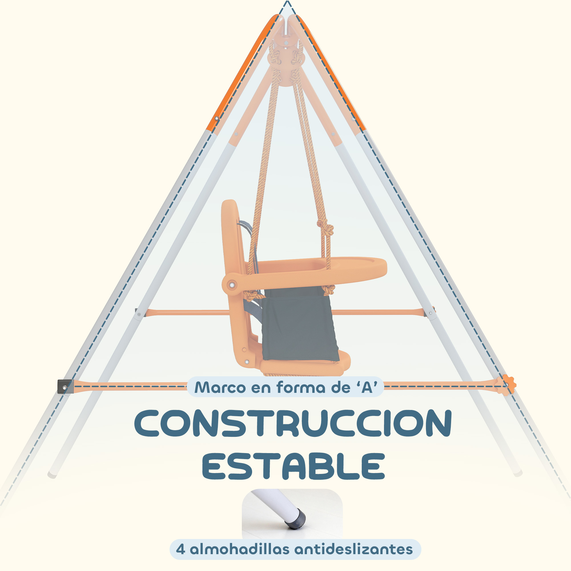 Un asiento de columpio infantil naranja cuelga de una estructura en A con cuerdas.