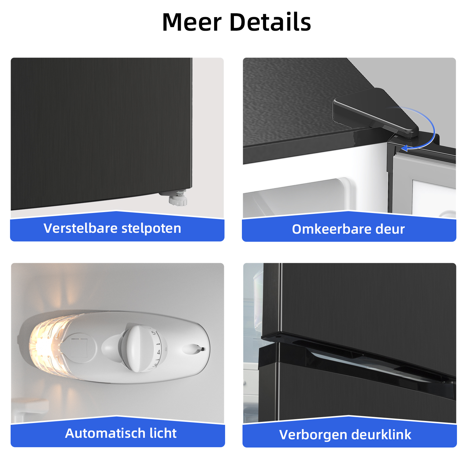 Details of a black refrigerator: adjustable feet, door hinge, light, handle.