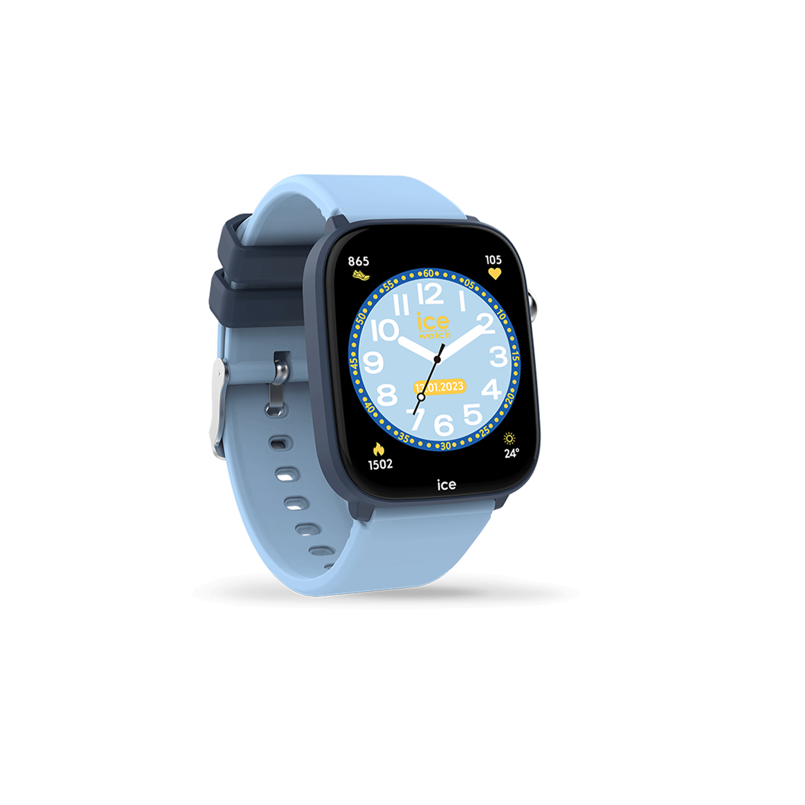 Eine hellblaue Smartwatch mit dunklem Gehäuse und Zifferblatt. Zeigt Zeit und Datum.