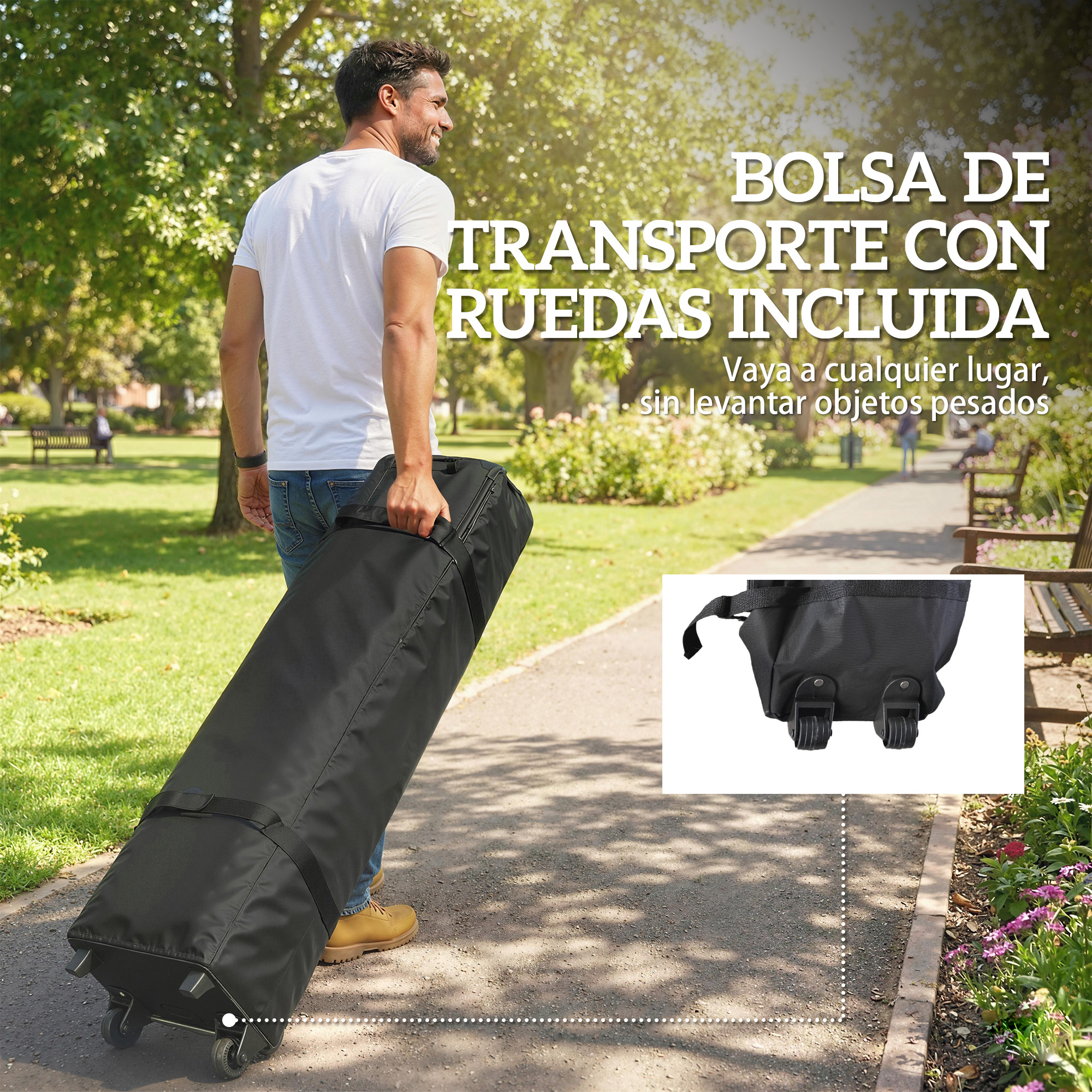Hombre arrastra una bolsa de viaje negra con ruedas por un camino del parque.