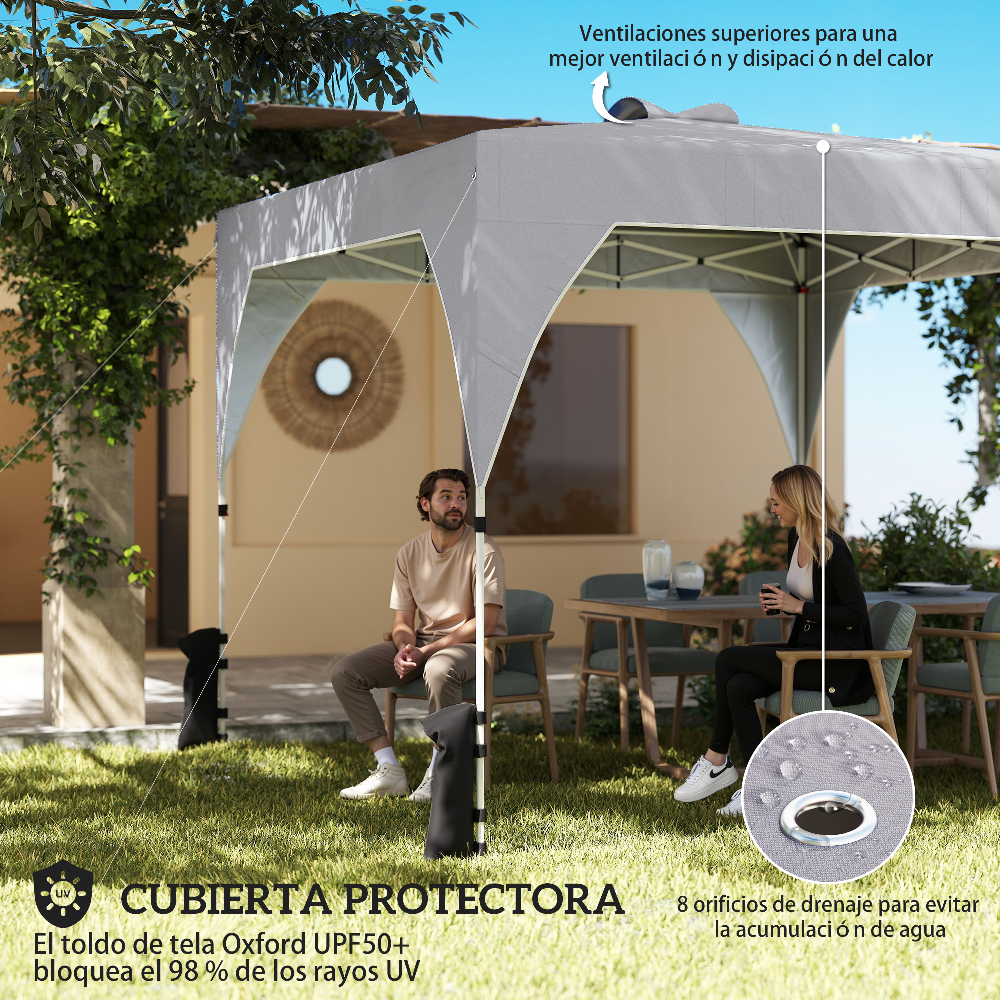 Pérgola gris con personas, que ofrece sombra. Ventilación superior y drenaje de agua.
