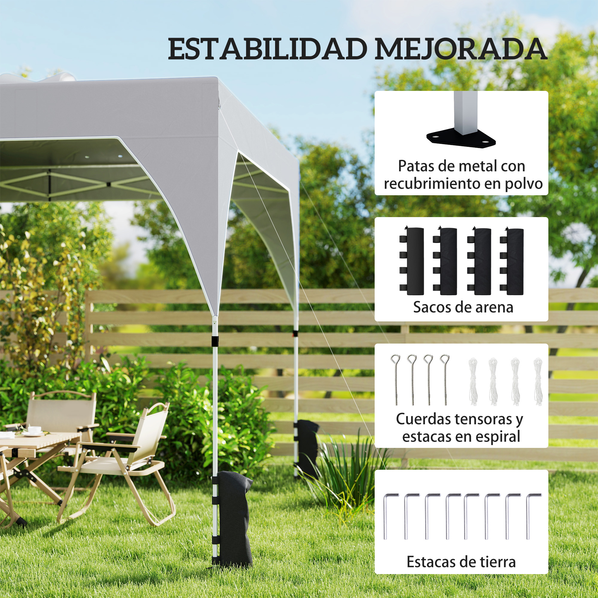 Una carpa gris con accesorios como sacos de arena y estacas en un jardín.