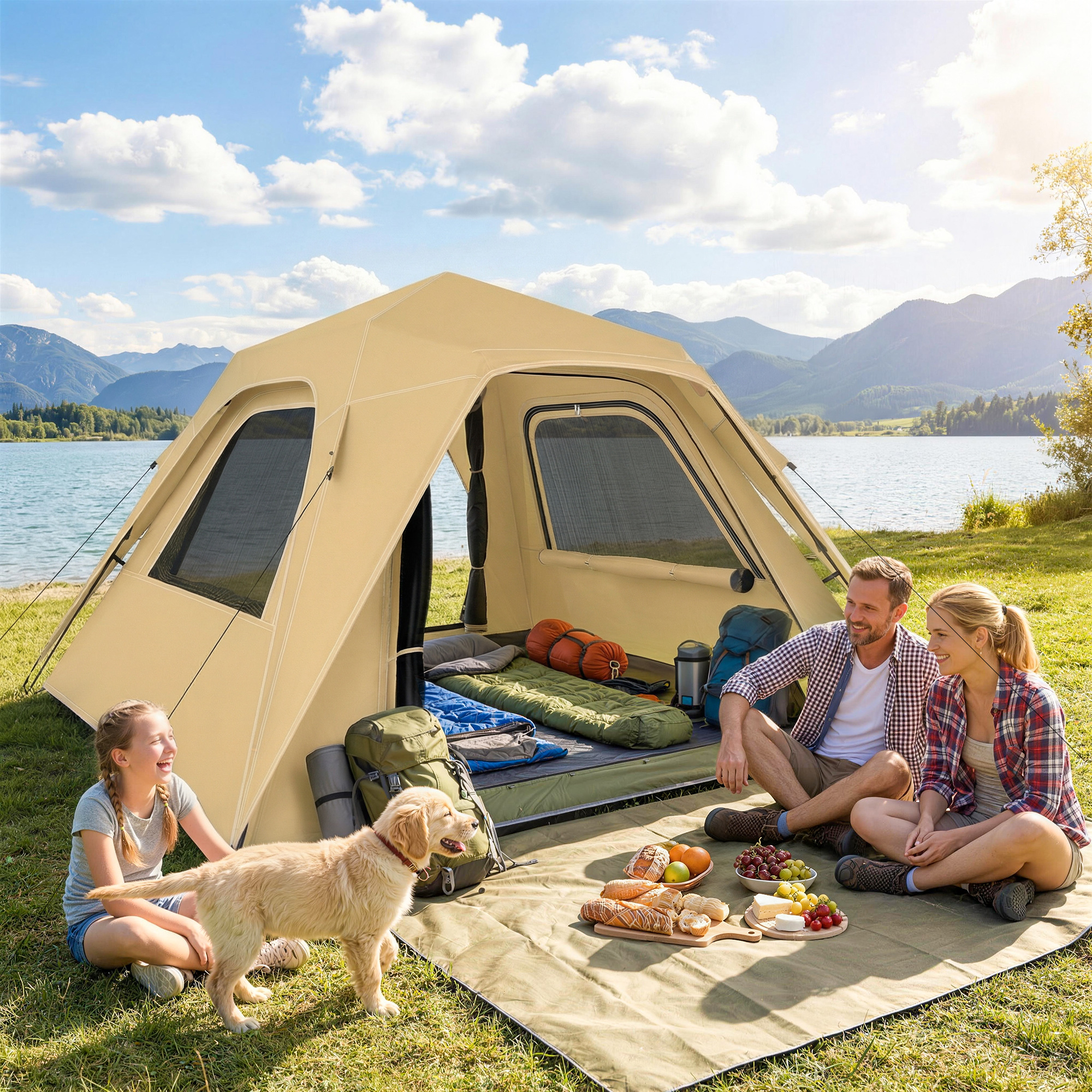 Familia acampando junto a un lago con tienda, perro y picnic.