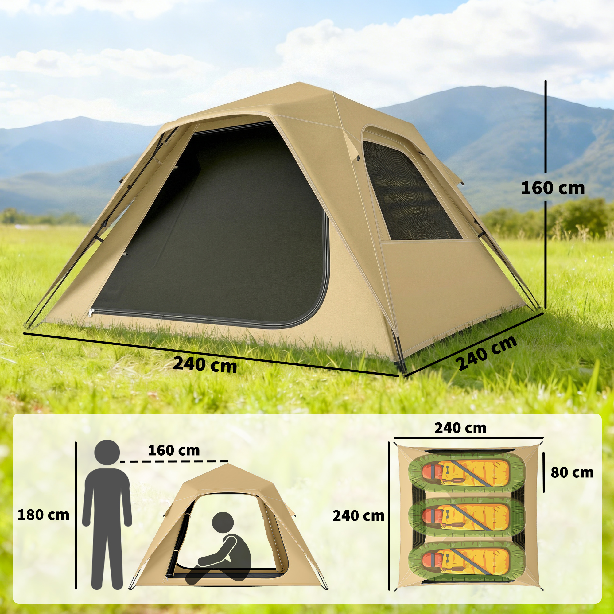 Una carpa color canela en un campo con montañas detrás. Se muestran las dimensiones.