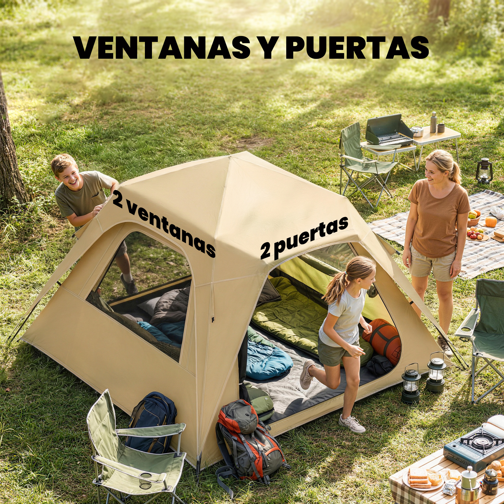 Una familia está acampando con una tienda grande, cocina y picnic.