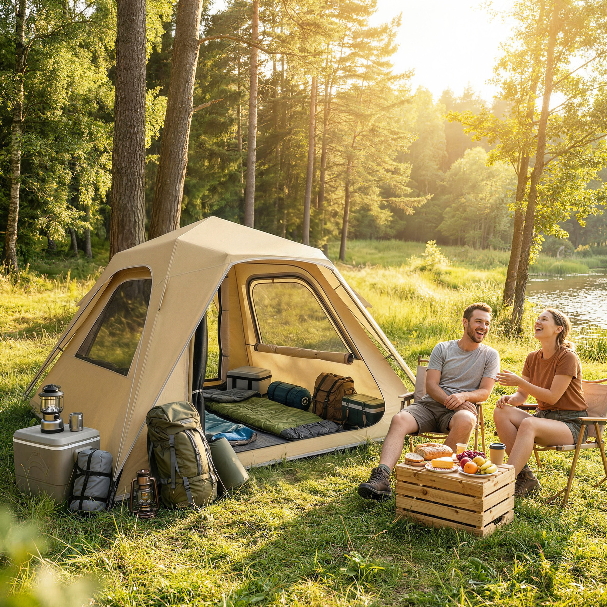 Una pareja acampando junto a un lago. Hay una tienda, sacos de dormir, mochilas y neveras.