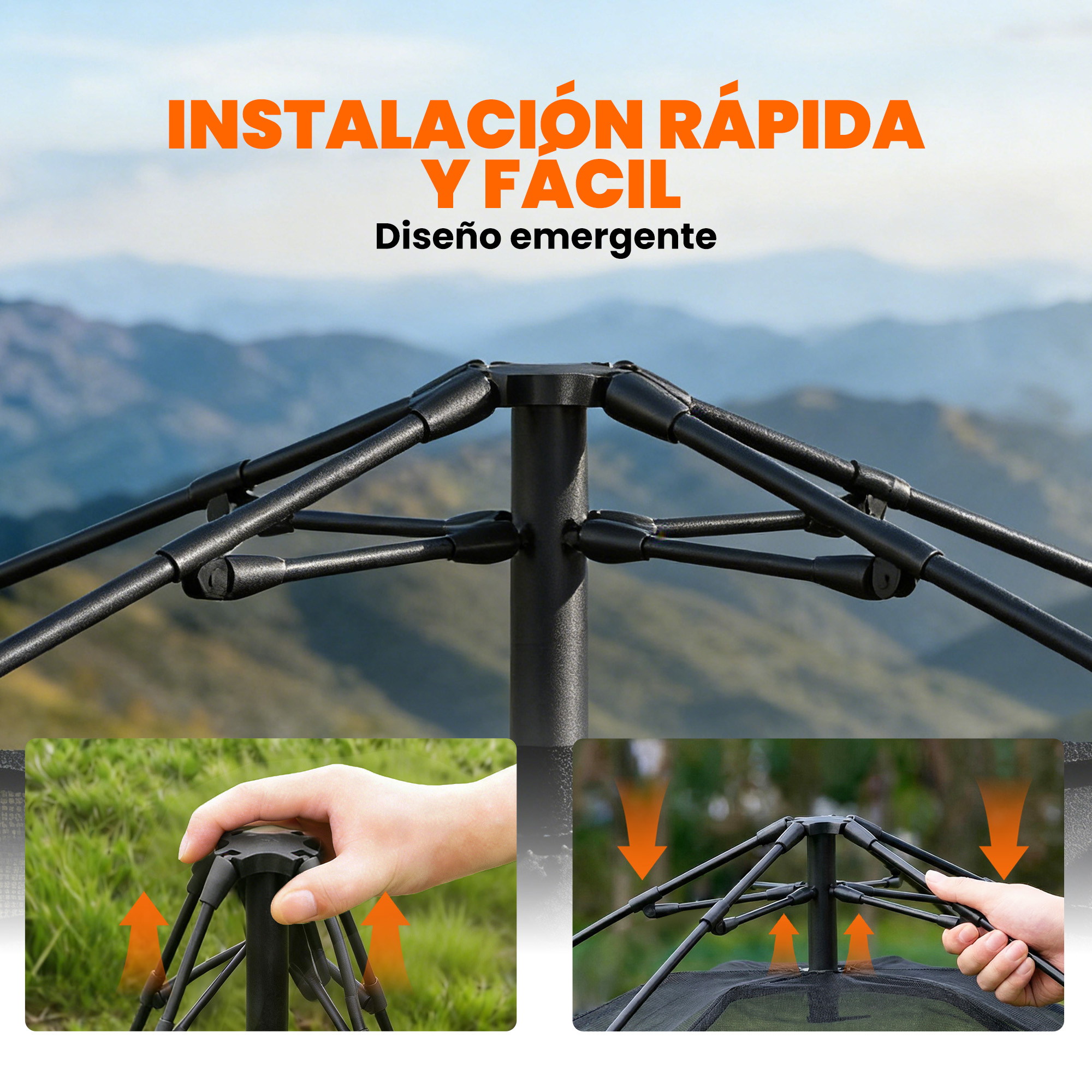 Primer plano de un armazón de tienda negro con paisaje de montaña al fondo.