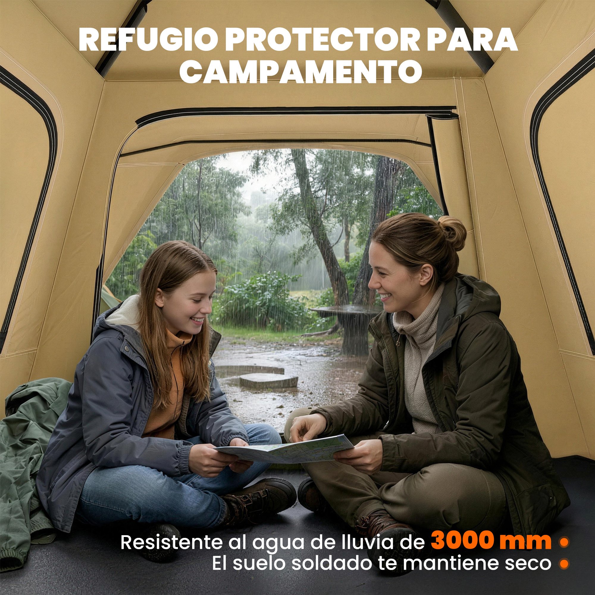 Dos mujeres sentadas en una tienda, mirando un mapa, mientras llueve fuera.
