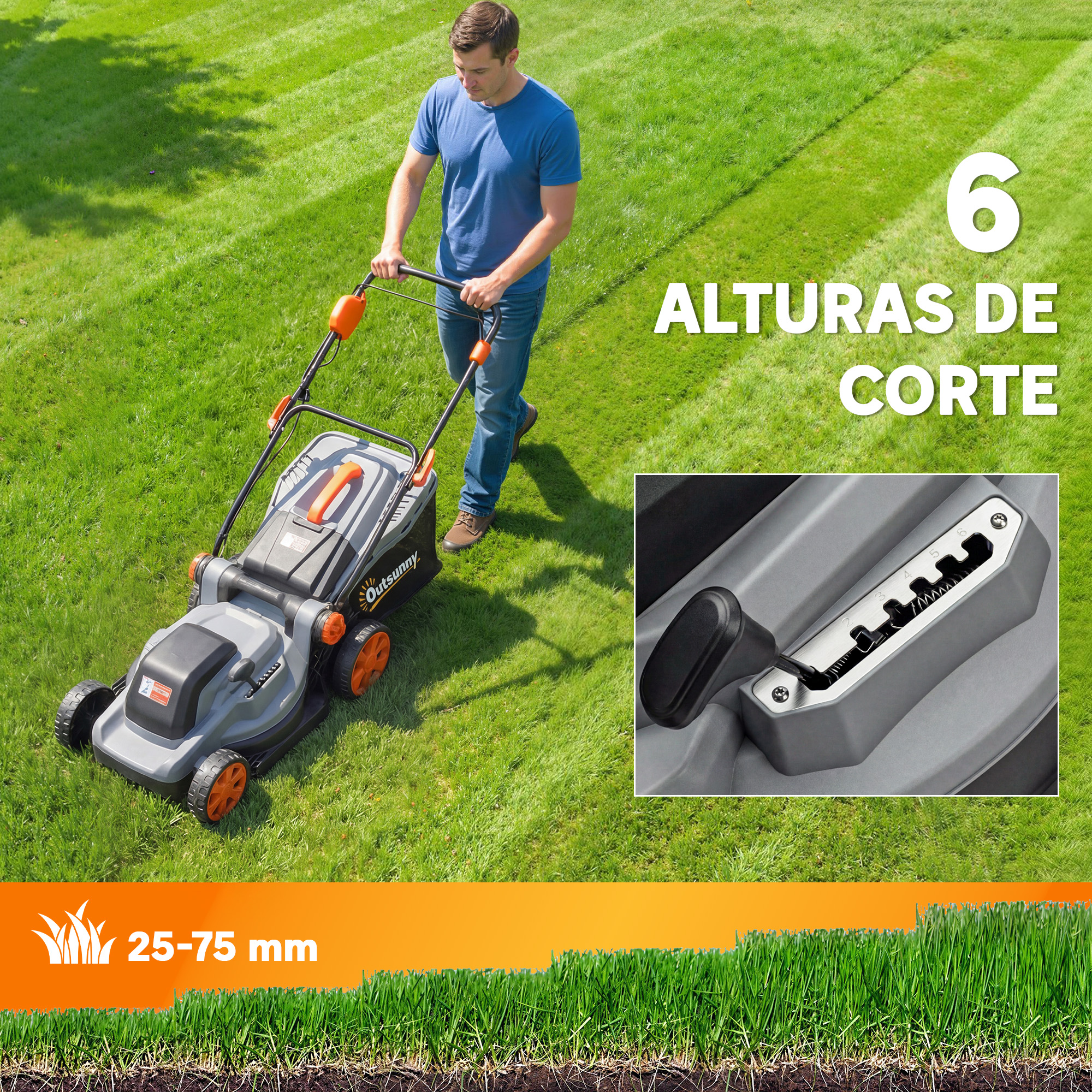 Hombre cortando césped con cortacésped de 6 alturas.