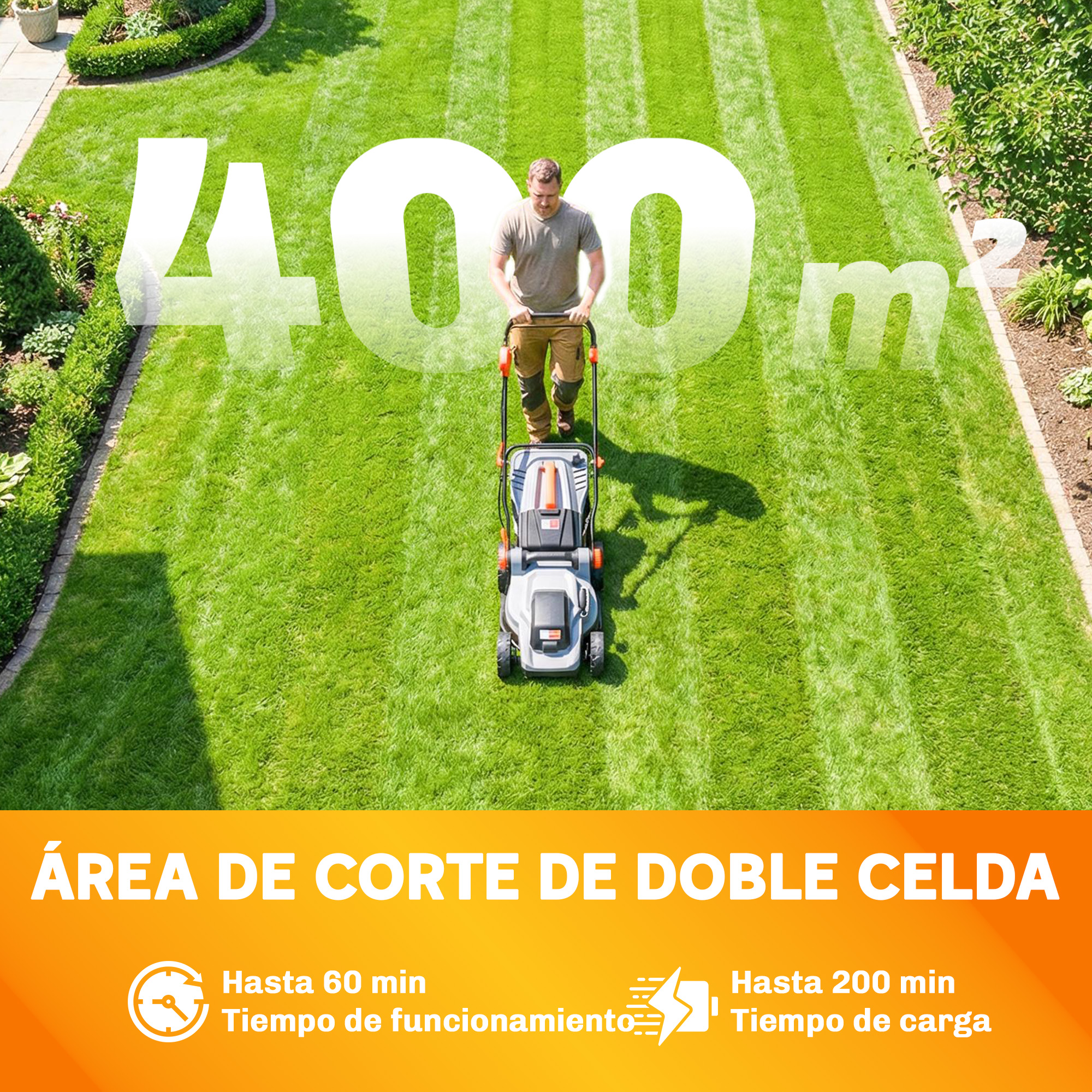 Hombre cortando césped. Gran 400m², 60 min autonomía, 200 min carga.