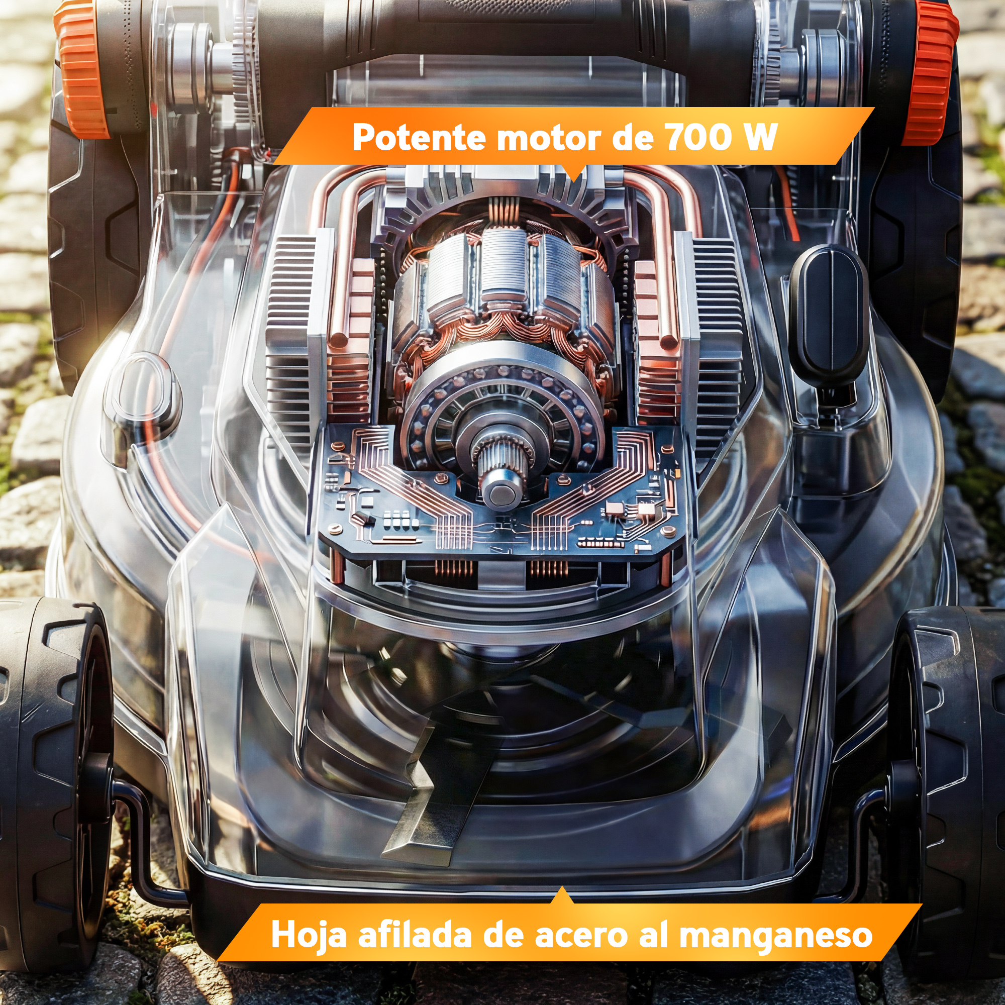 Primer plano de un cortacésped transparente que muestra un motor de 700 W y una cuchilla de acero.