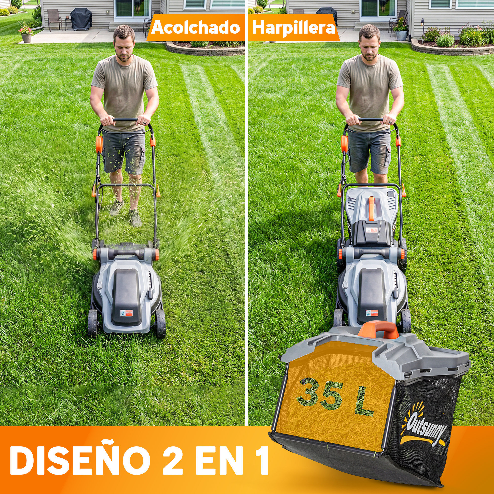 Hombre cortando césped con cortacésped, mostrando mulching y bolsa.
