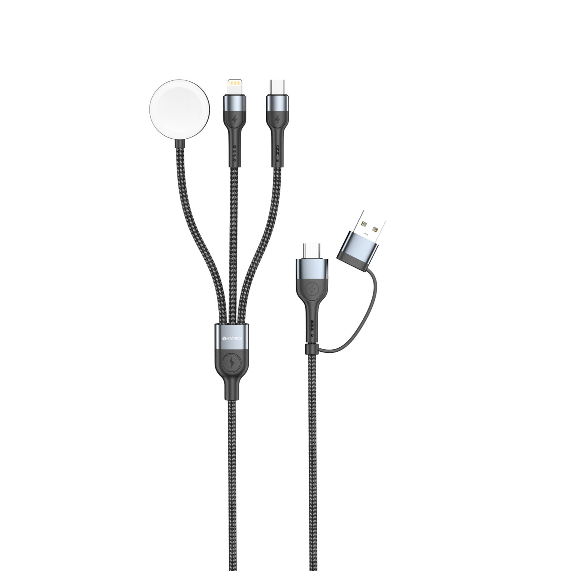 Un cavo di ricarica con più connettori: USB-C, Lightning e magnetico.