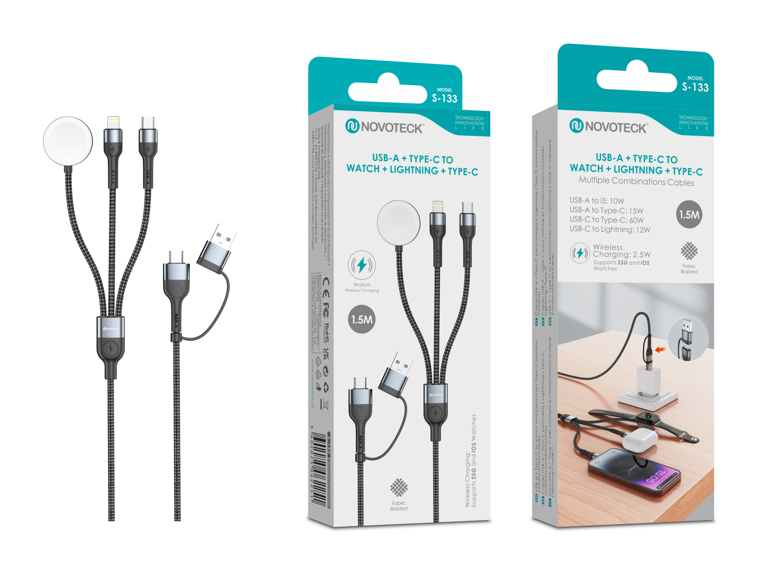 Un cavo di ricarica con connettori USB-A, Lightning e USB-C.