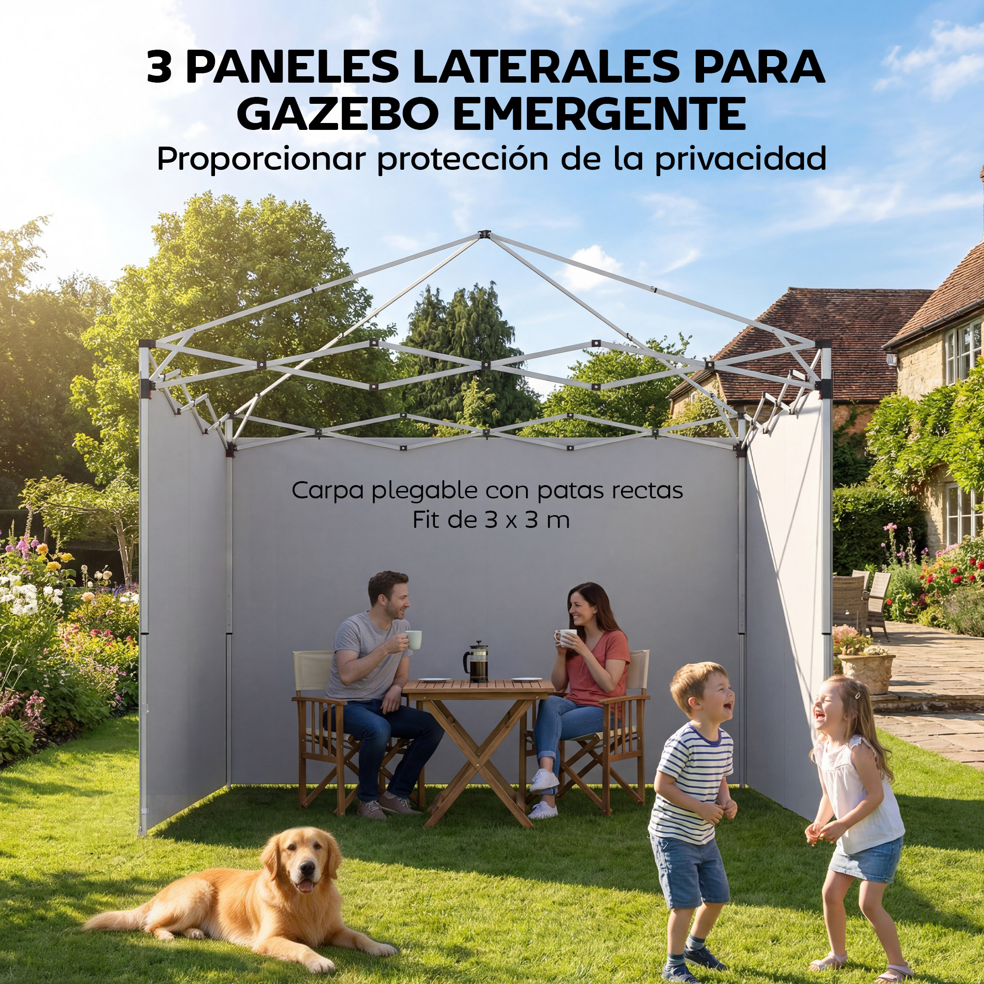 Hombre y mujer sentados, niños jugando, perro en el césped.