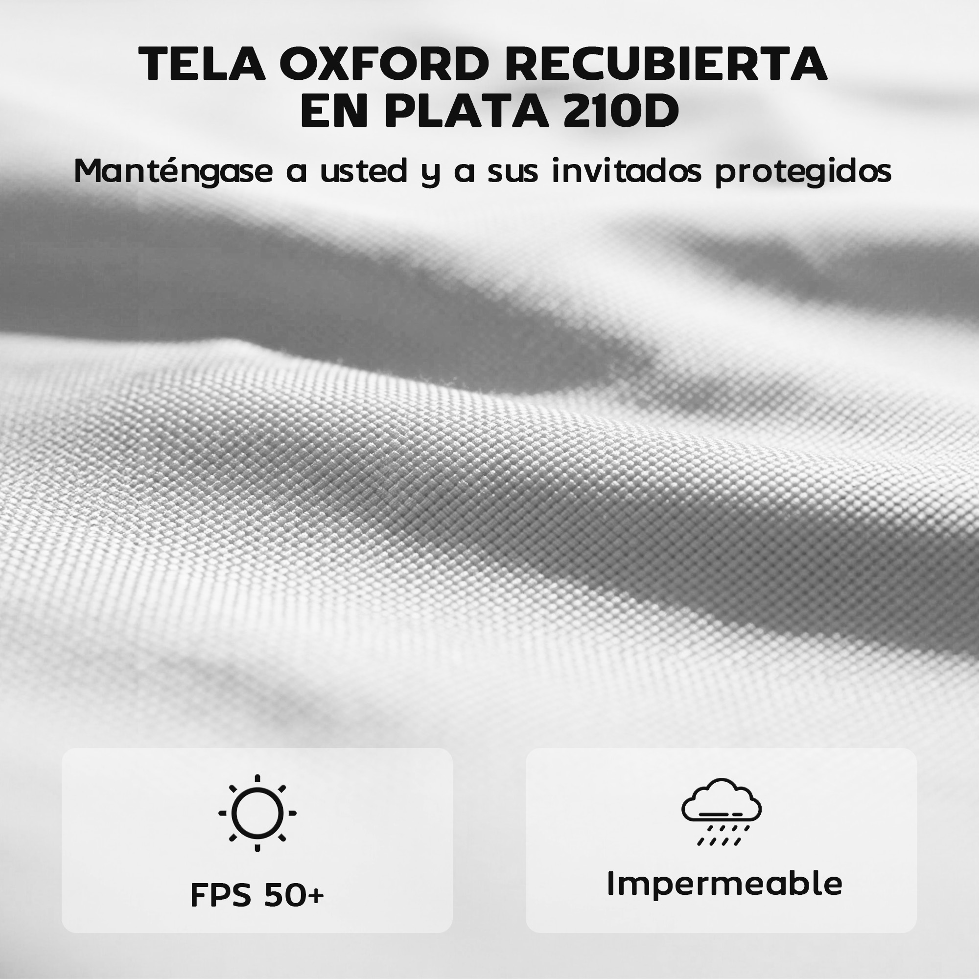Tejido Oxford plateado 210D. Ofrece protección UV 50+ y es impermeable.