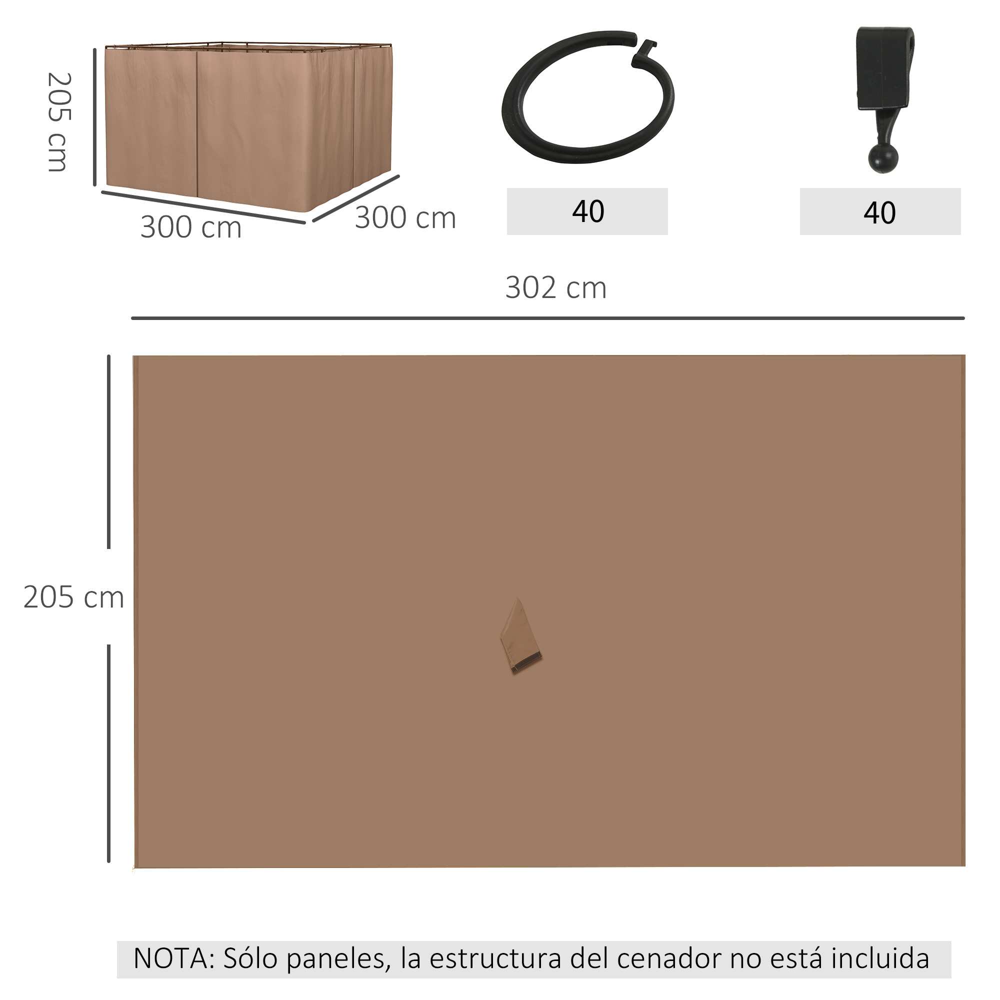 Lona de tienda marrón, 205x300x300cm, con accesorios y medidas.
