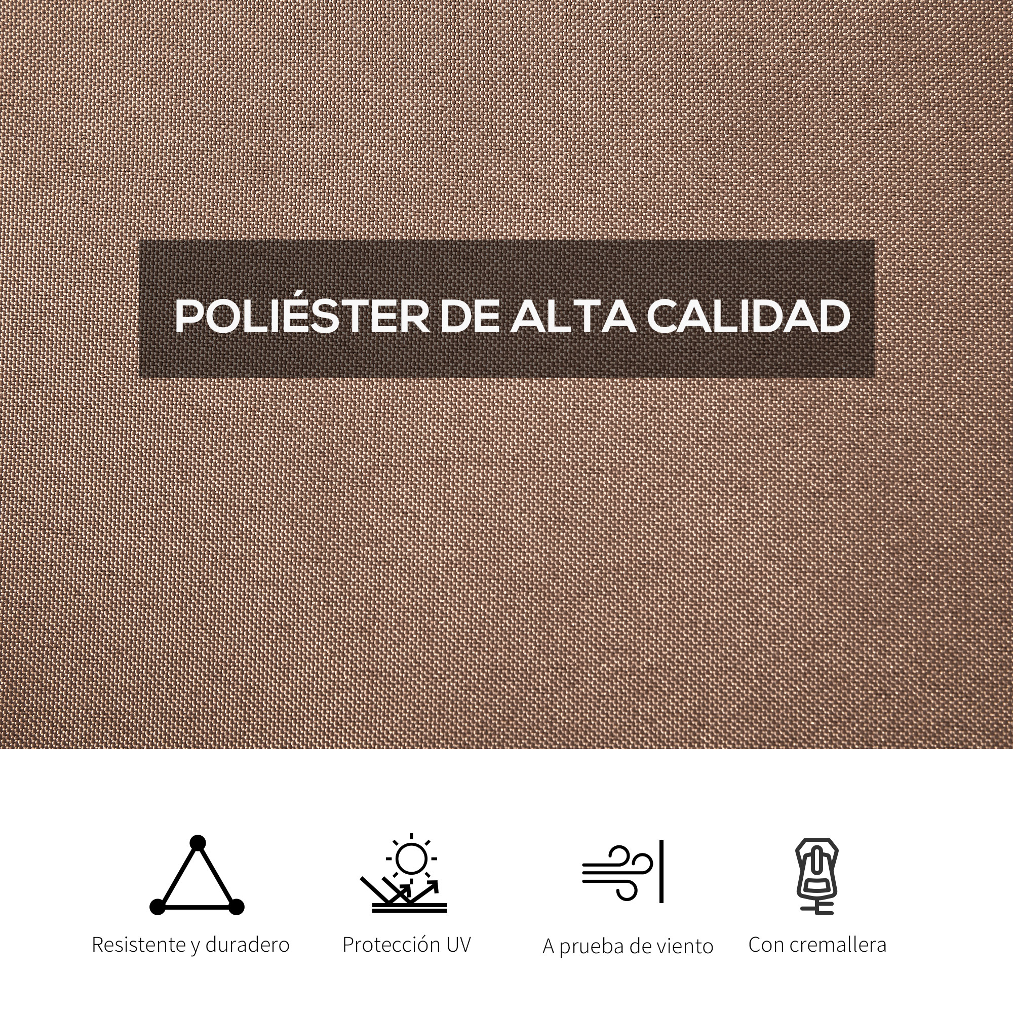 Poliéster de alta calidad con iconos de durabilidad, protección UV, a prueba de viento y cremallera.