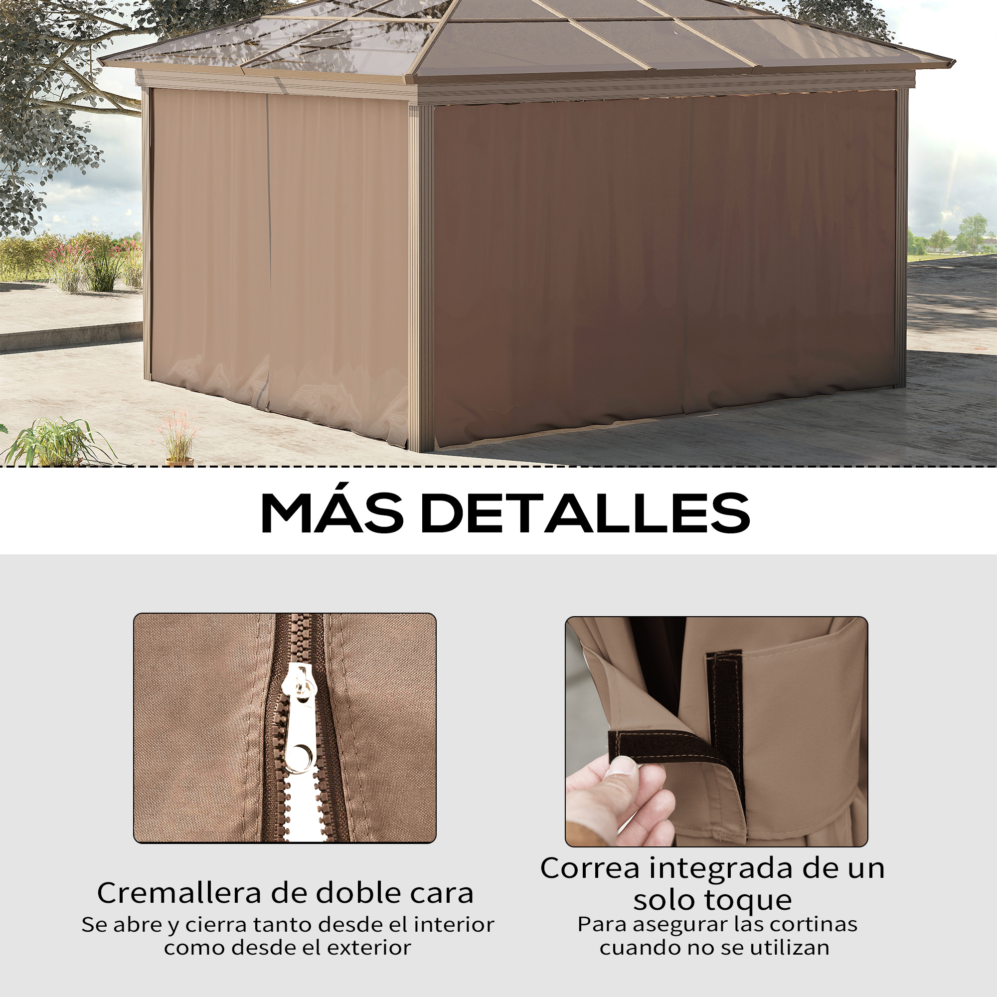 Pérgola marrón con paredes de tela y techo transparente. Muestra detalles de cremallera y velcro.