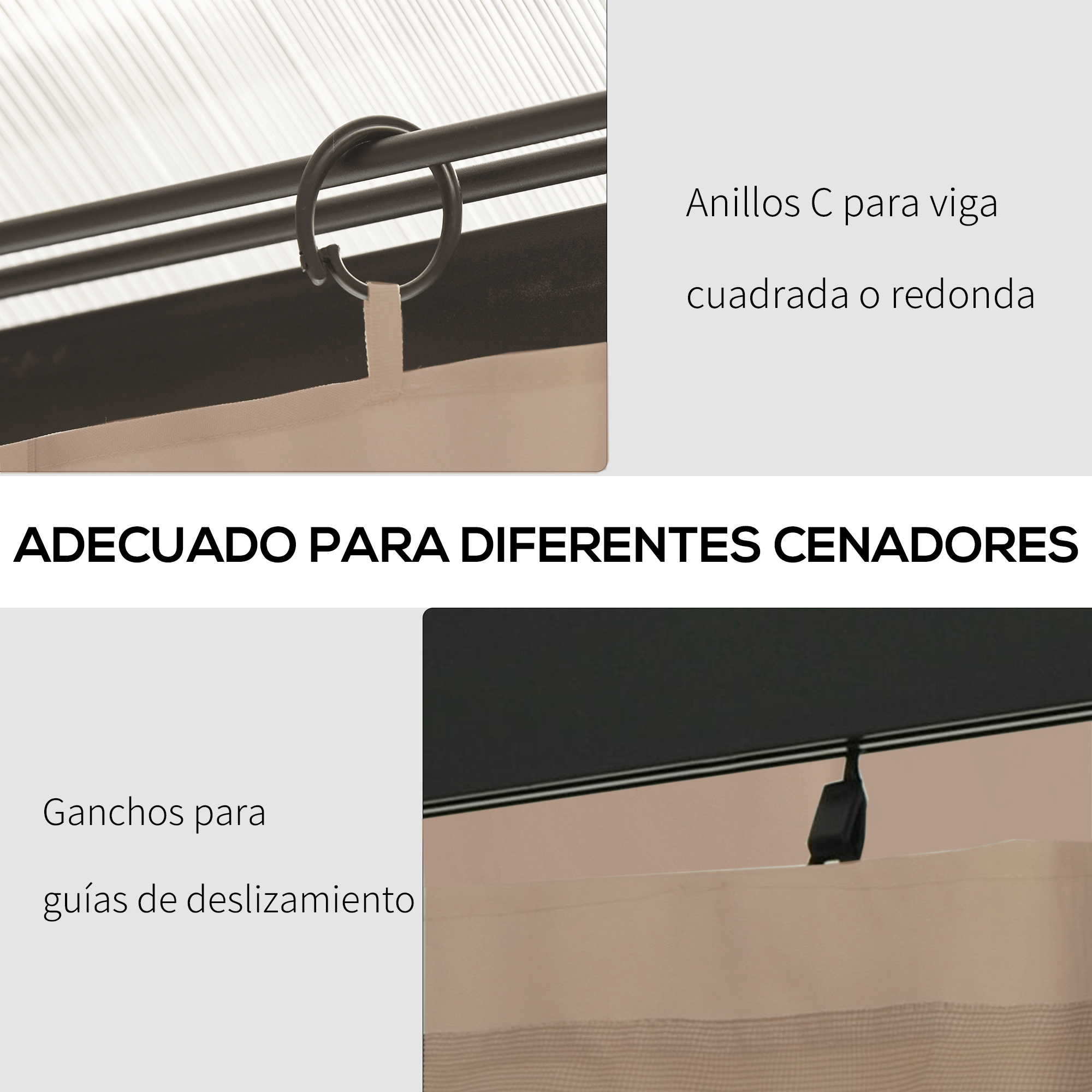 Anillos en C para vigas redondas o cuadradas y ganchos para rieles.
