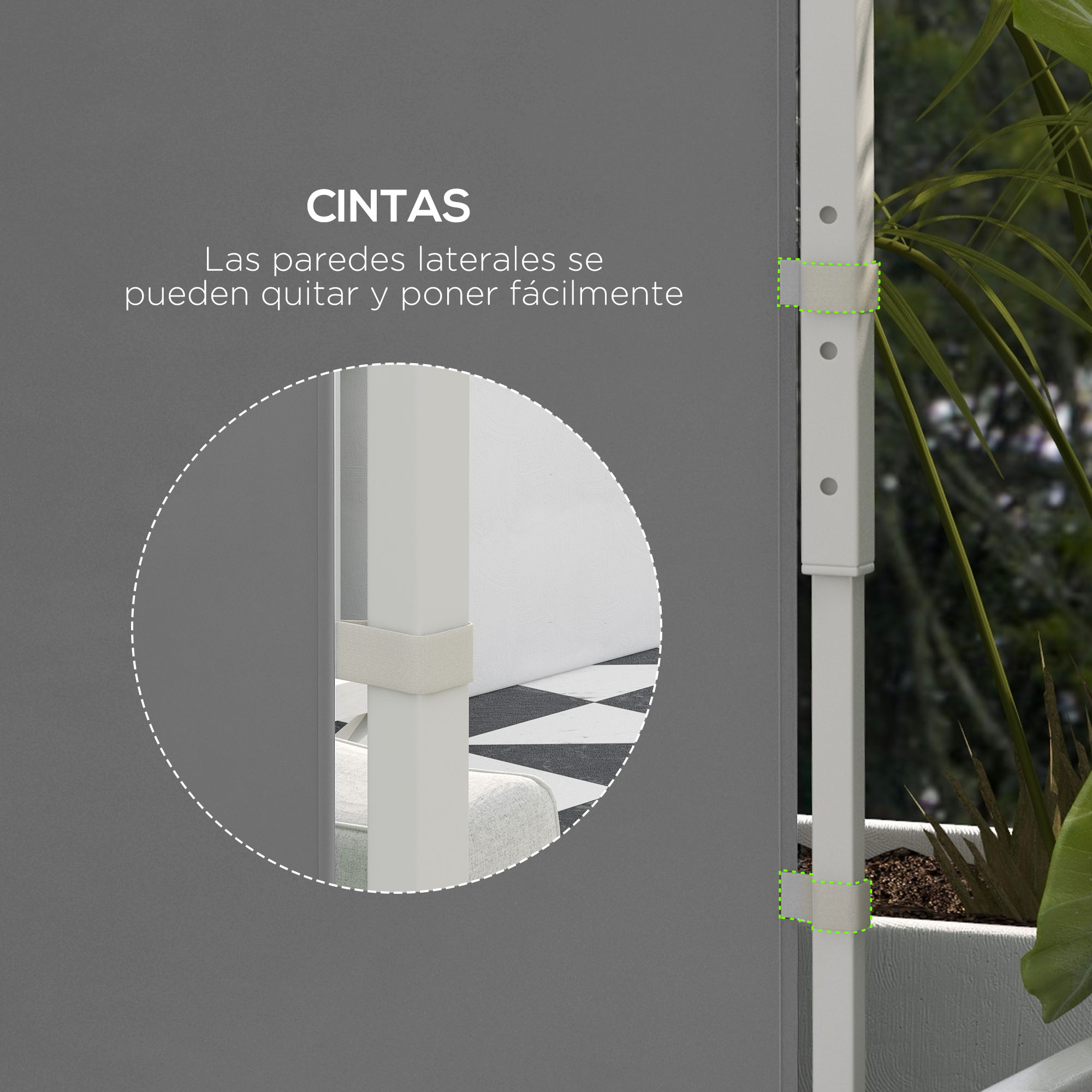 Los paneles laterales grises se sujetan a un poste blanco con correas.