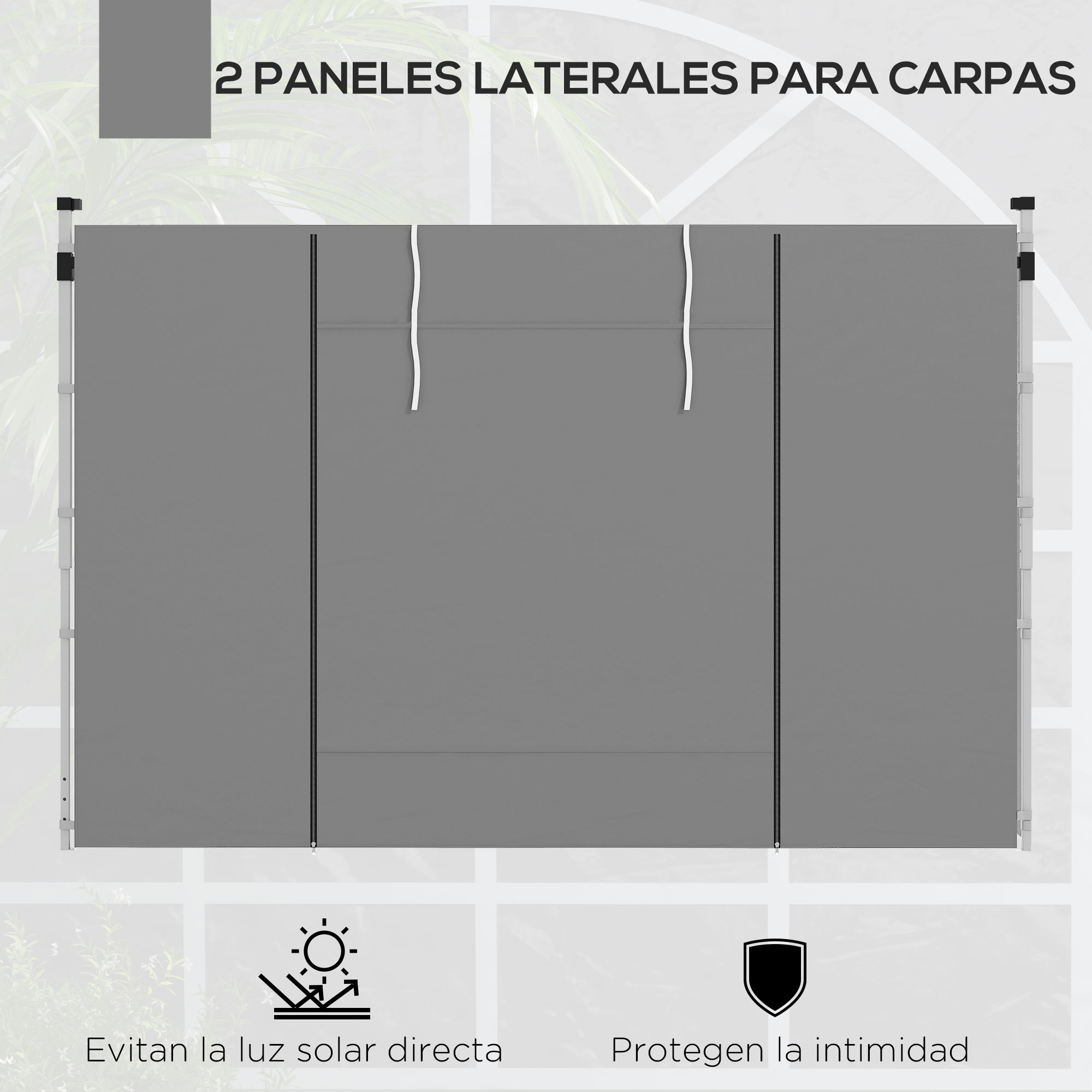 Dos paneles laterales grises para tienda con cuerdas blancas.