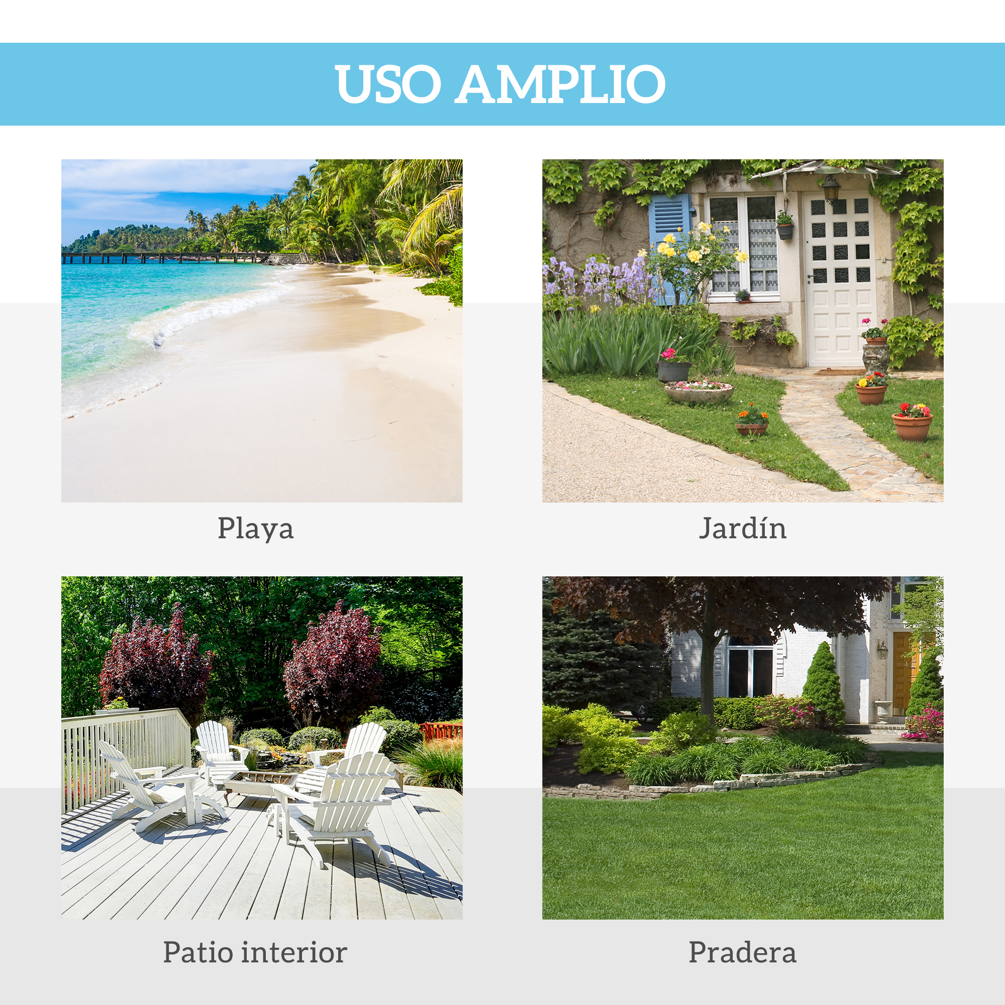 Playa con palmeras y muelle; jardín con flores; terraza con sillas; césped frente a casa.