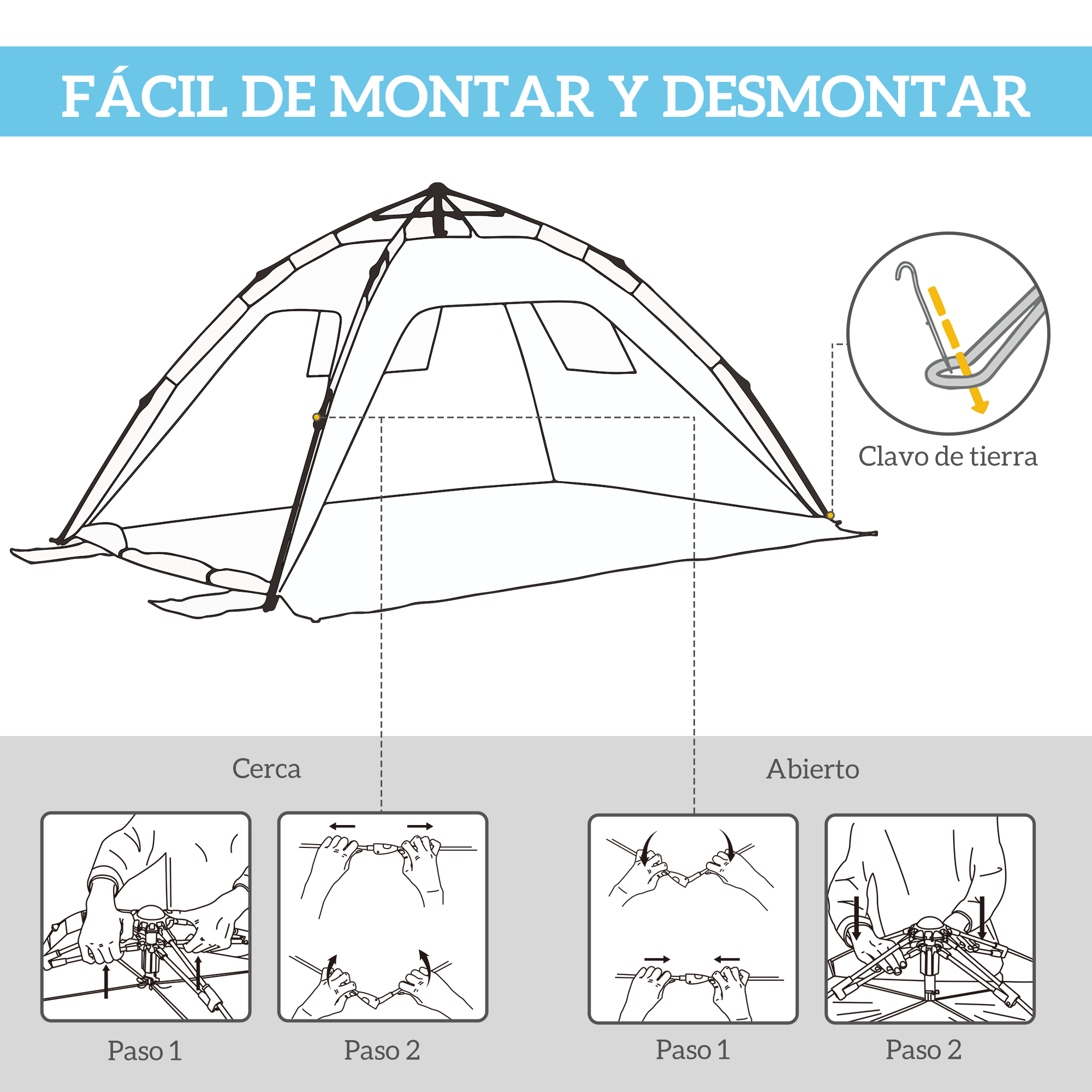 Ilustraciones muestran montaje de tienda y pasos de fijación con piquetas.