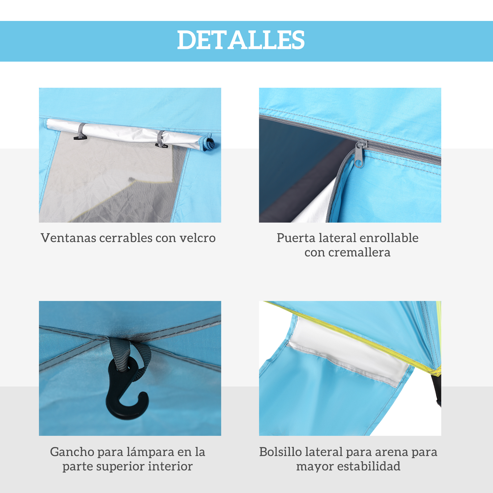 Detalles: Ventanas, puerta enrollable, gancho, bolsillo de arena.