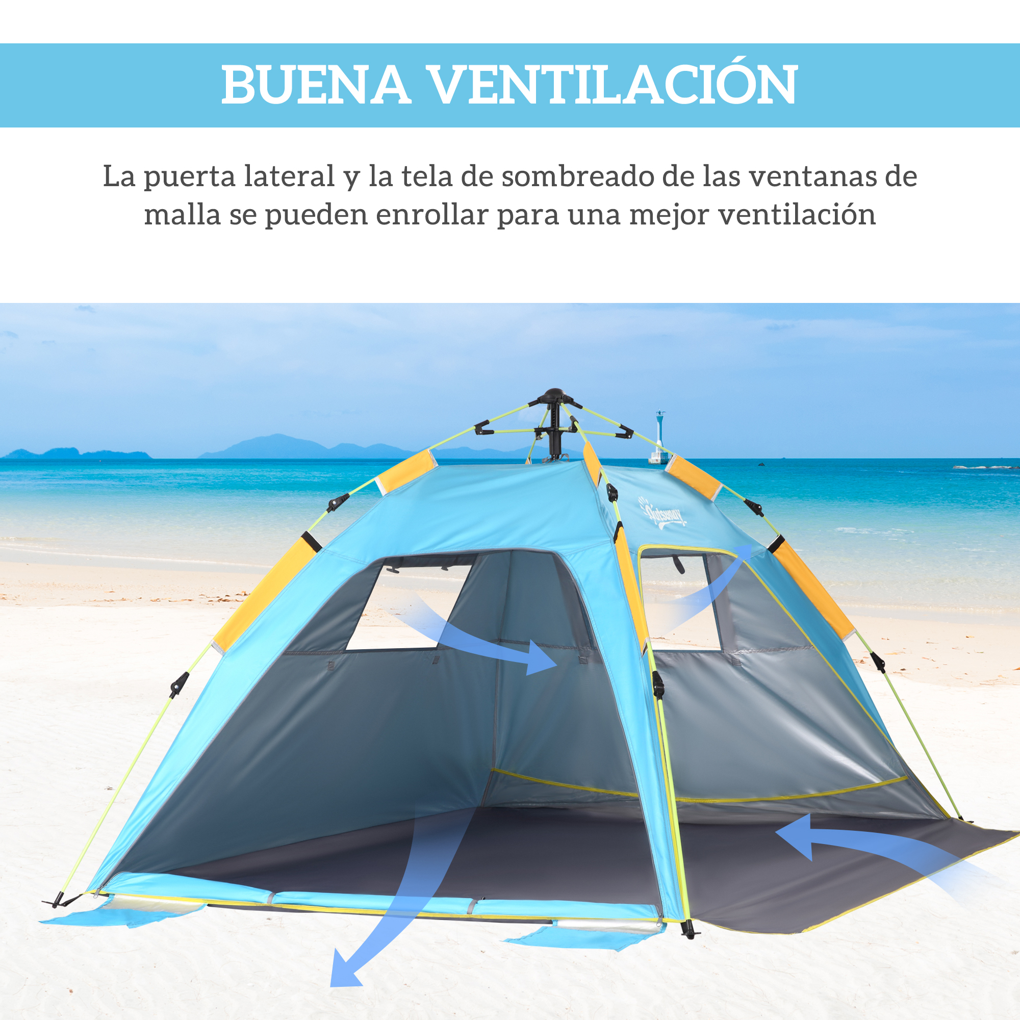 Una carpa azul en la playa con vista al océano. Flechas indican ventilación.