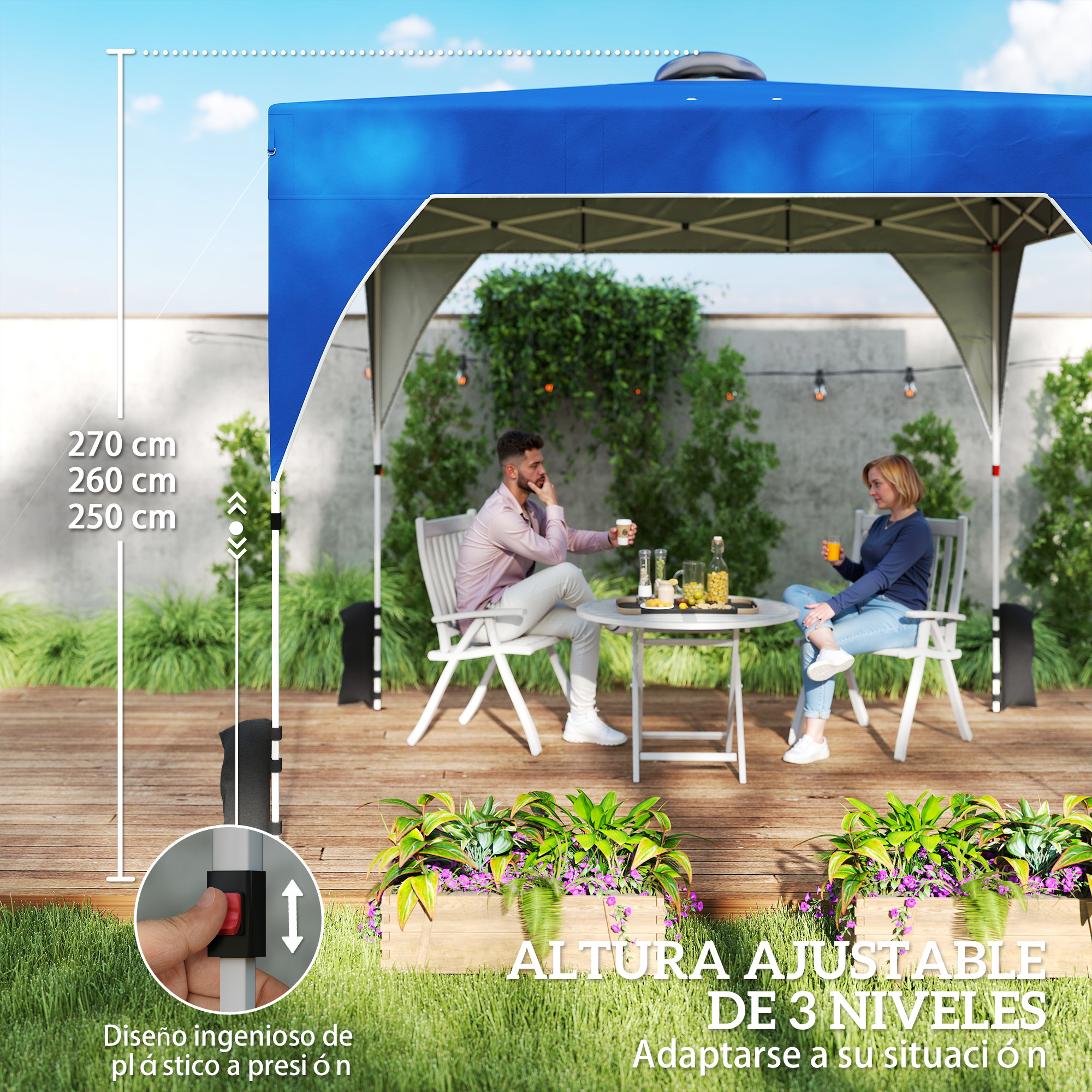 Hombre y mujer bajo toldo azul. Bebidas en mesa. Plantas en primer plano. Altura ajustable.