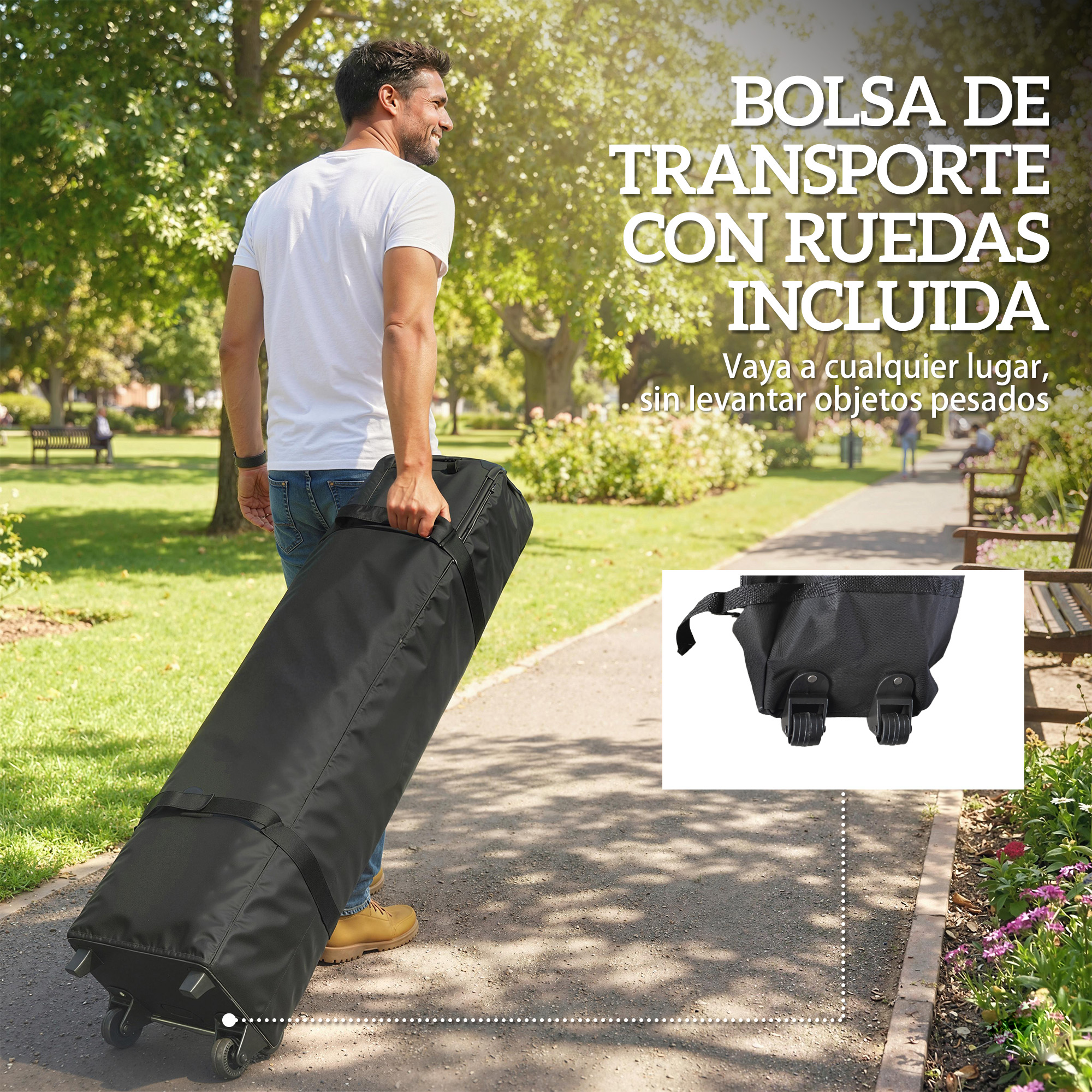 Hombre arrastra bolsa de lona negra con ruedas en un parque.