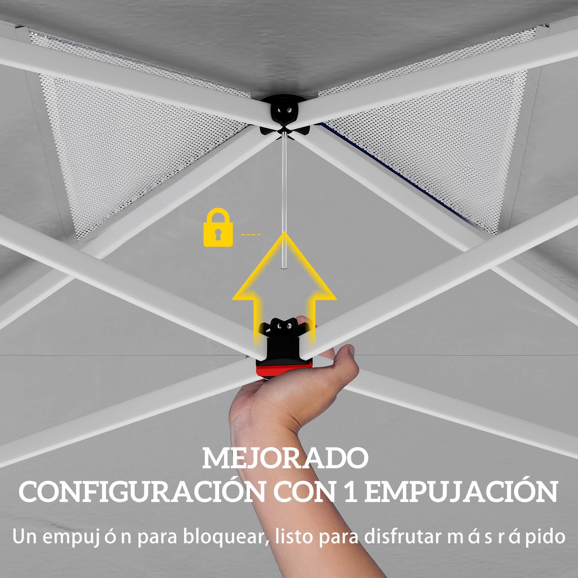 Una mano empuja un mecanismo de bloqueo en un armazón de tienda.