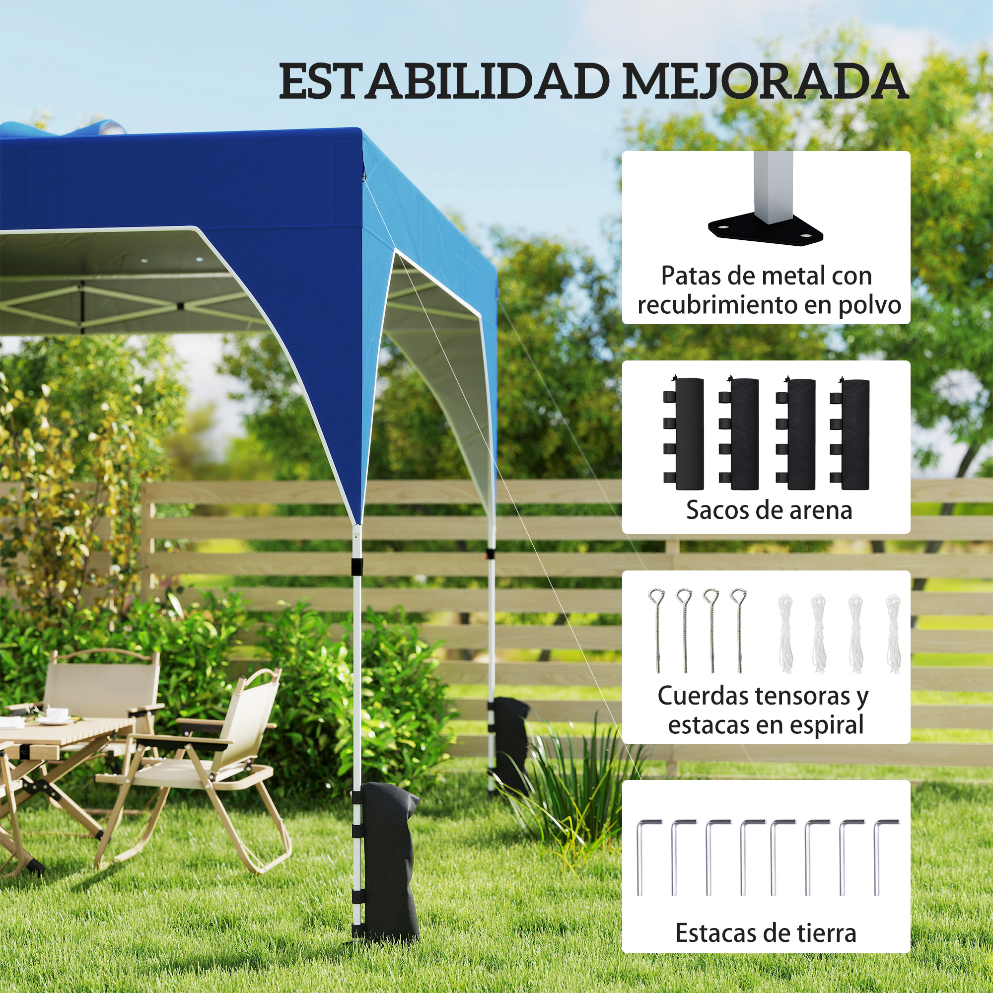 Un toldo azul para exteriores con muebles de camping y accesorios.