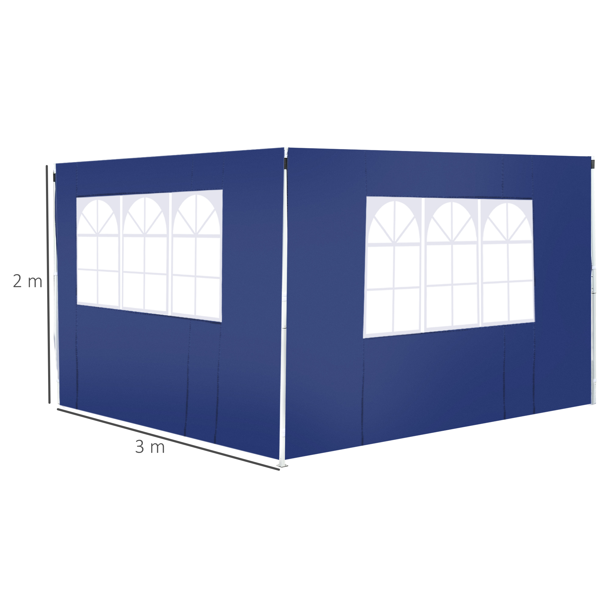 Una pared de carpa azul con tres ventanas, 2m de alto y 3m de ancho.