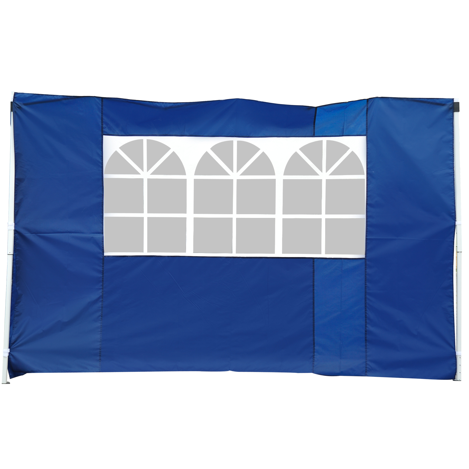 Una pared de carpa azul con una sección de ventana arqueada blanca.