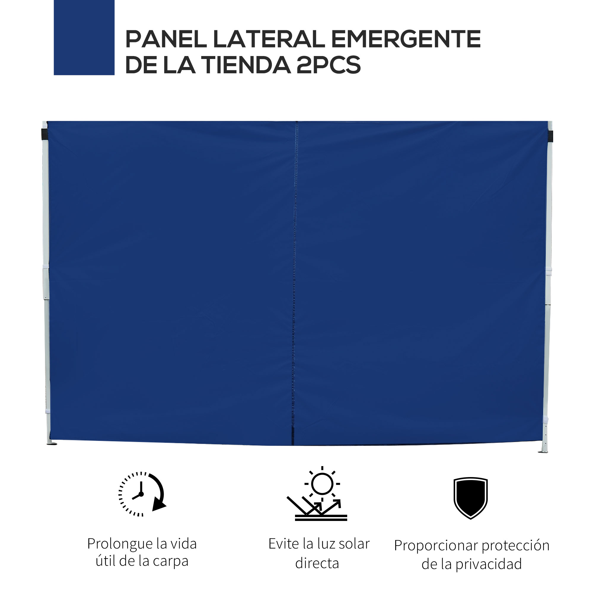 Un panel lateral de tienda azul con tres iconos: reloj, sol y escudo.